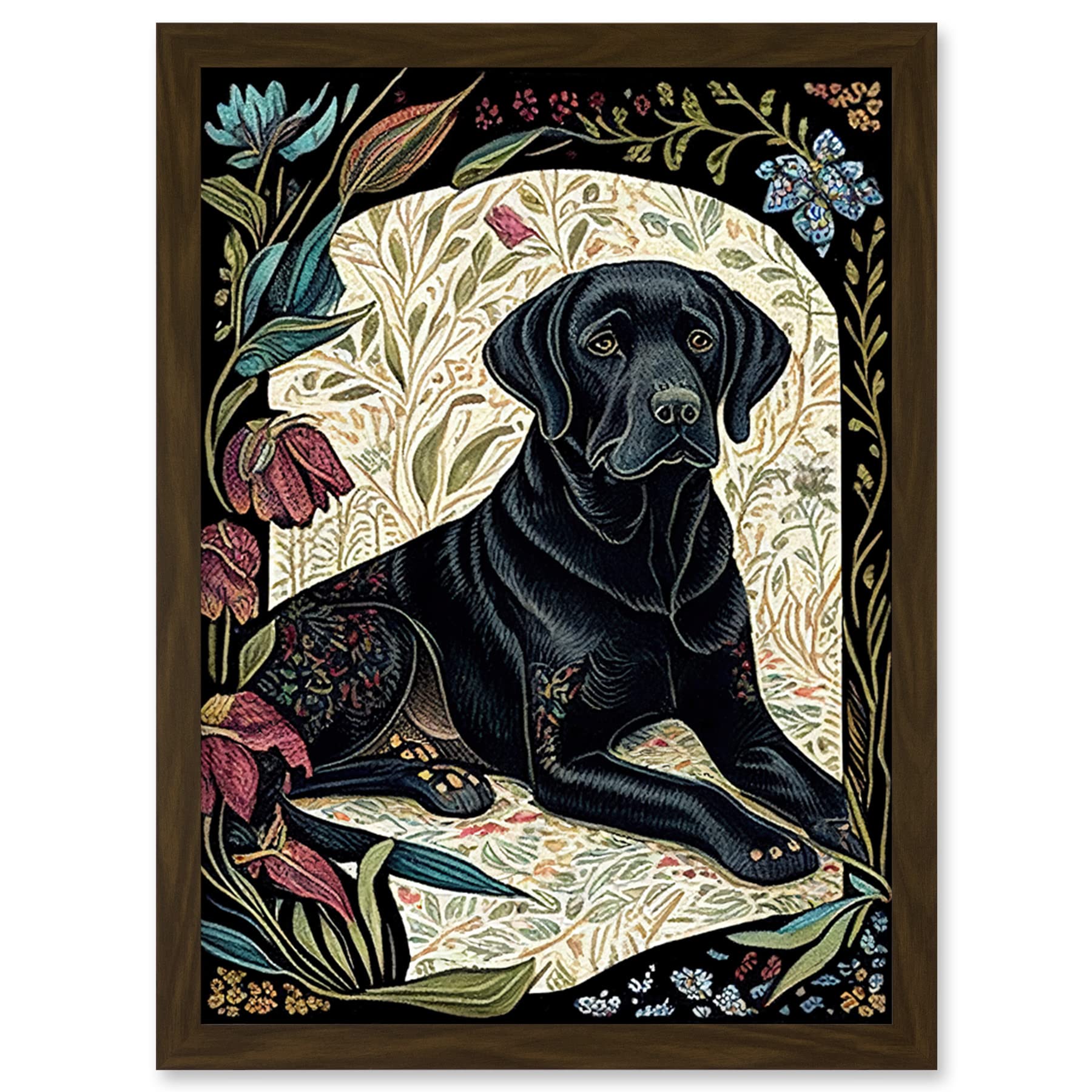 Artery8 Black Labrador Dog with Floral Patterns Vintage Inspired Linocut Illustration Artwork Framed Wall Art Print A4