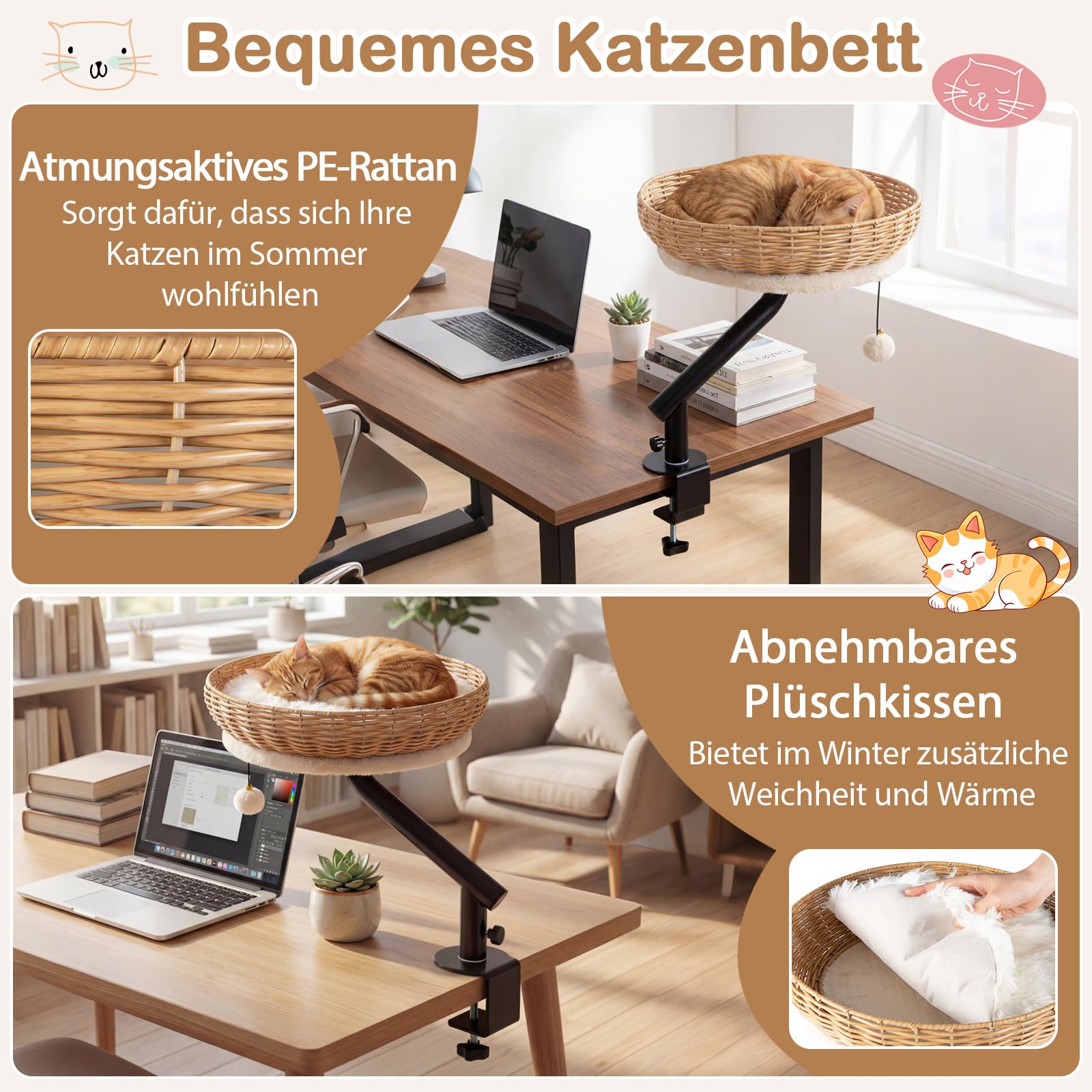 COSTWAY Katzenbett für Schreibtisch, Katzenkorb aus PE-Rattan, 360° drehbar, Katzen Schreibtischbett mit abnehmbarem Plüschkissen & Hängeball, Katzenbettständer Hängematte, ohne Bohren