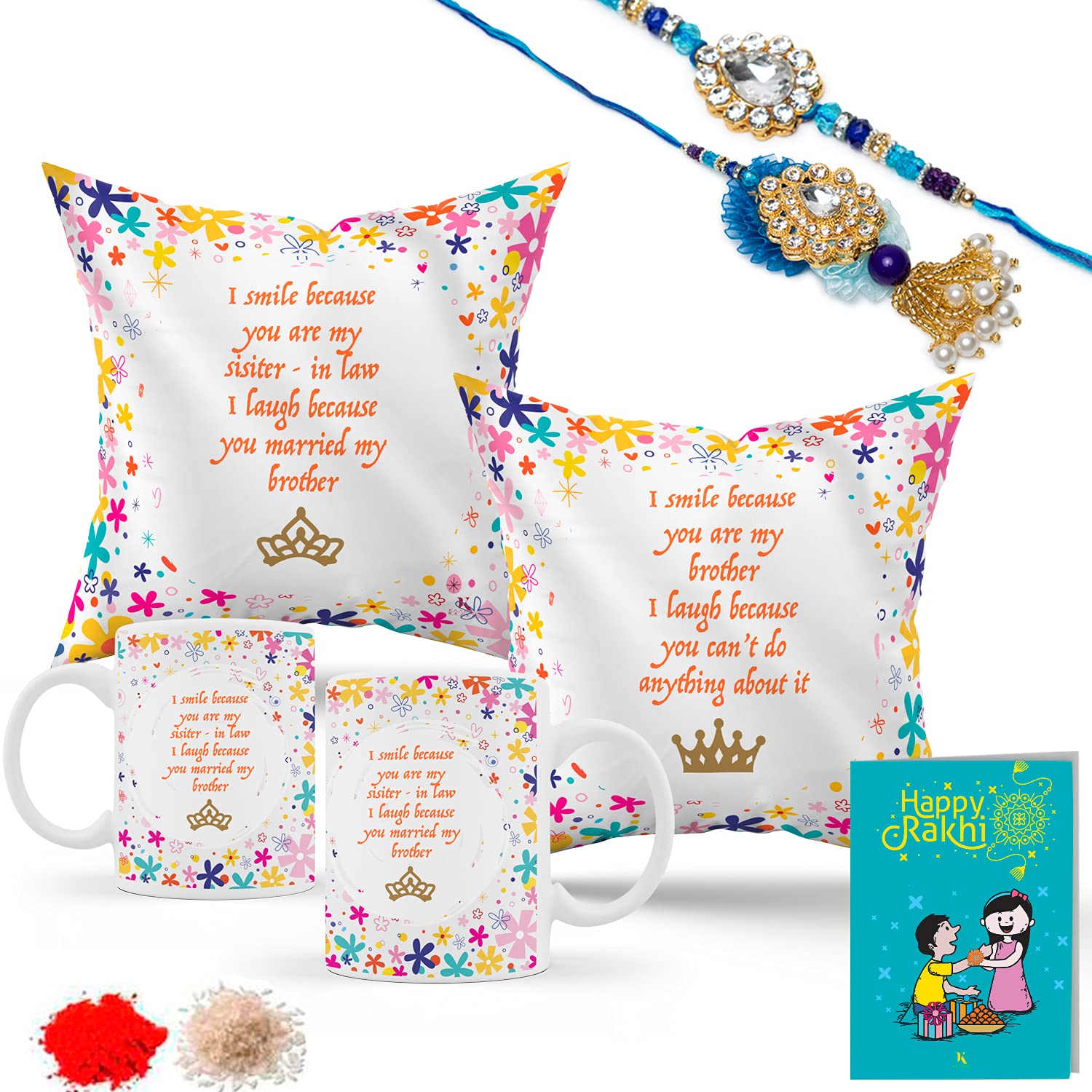 Next Bazaar Rakhi Gift for Brother and Bhabhi- I Smile Because You are My 2 Printed Cushion Cover with Filler, 2 Printed Mugs, Rakhi and Lumba Rakhi, Roli Pack, Greeting Card - Rakha Bandhan
