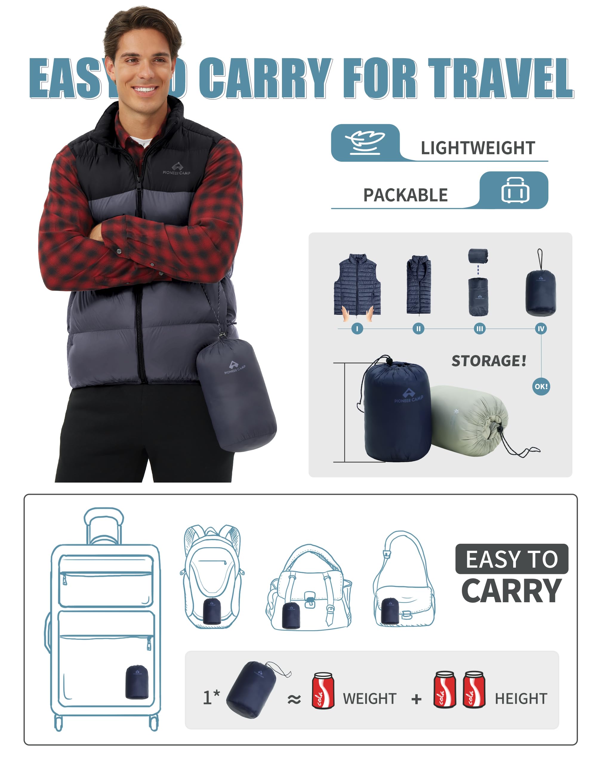 Pioneer Camp Piumino leggero da uomo Fill Power 700, ripiegabile, senza maniche, caldo