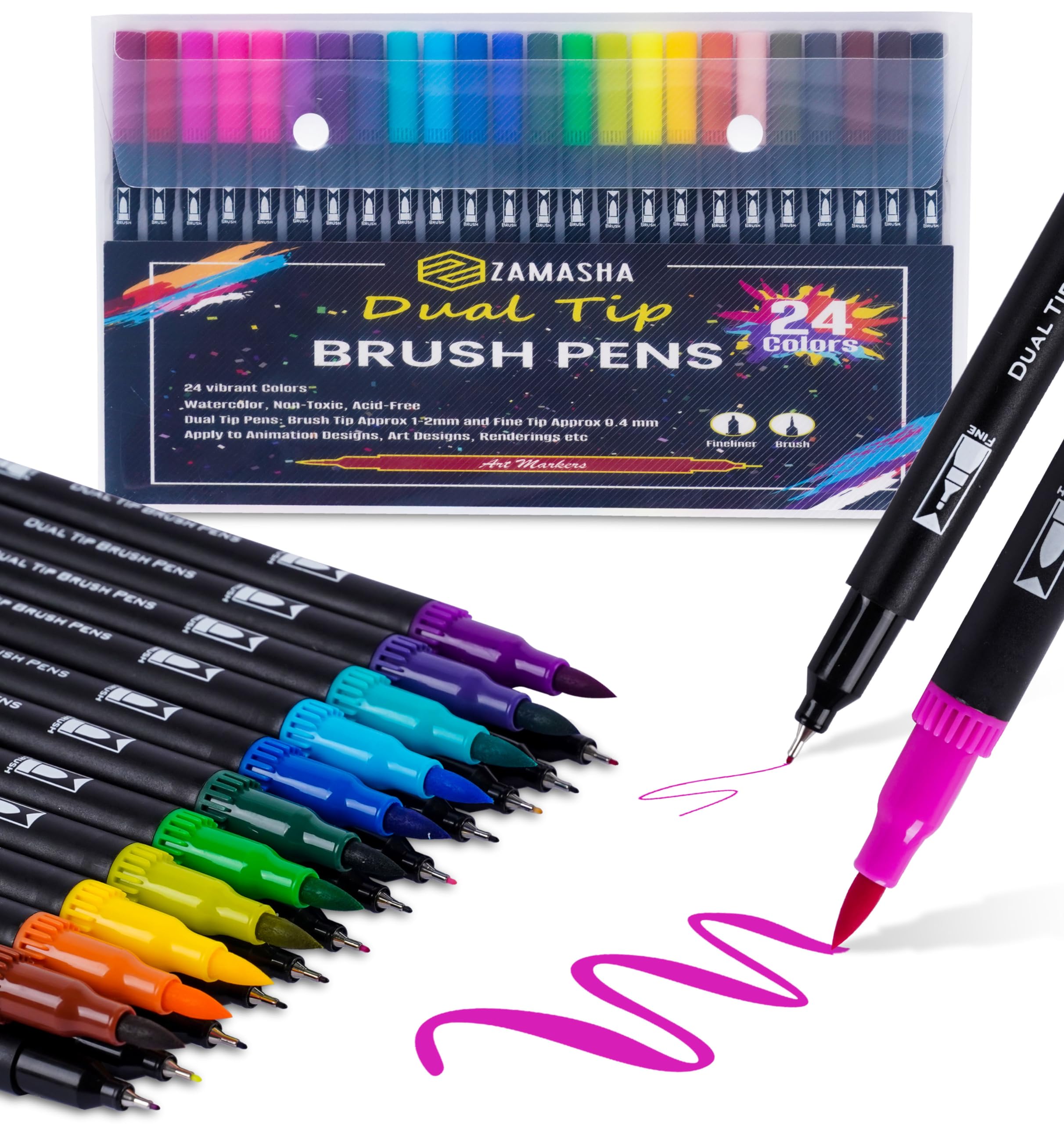 Dual Tip Brush Pens for Colouring | 24 Vibrant Felt Tip Pens for Adults | Perfect for Drawing, Sketching, Journaling, Lettering, Painting | Brush Tip Pens for Artists, Beginners, and Art Enthusiasts