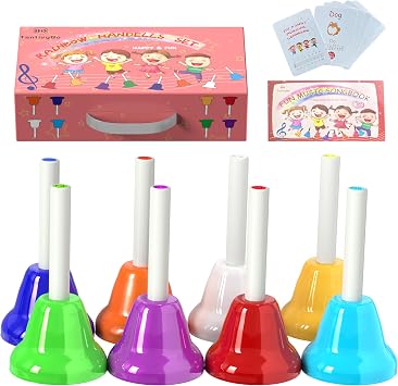 Hand Bells, 8 Note Musical Handbells Set with 17 Songbook Musical Toy Percussion Instrument for Toddlers Children Kids for Childrens Day Family Activity School and ChurchUpgraded Edition