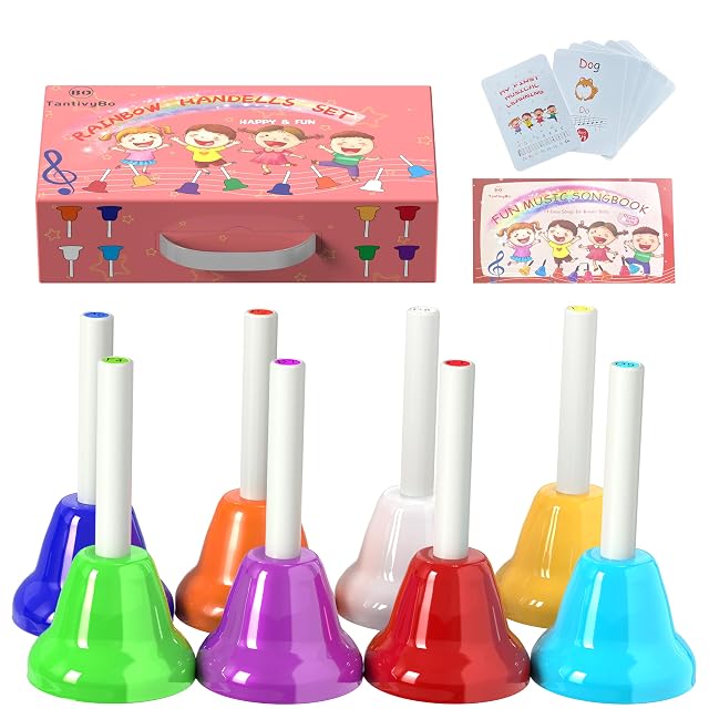 Hand Bells 8 Note Musical Handbells Set with 17 Songbook Musical Toy Percussion Instrument for Toddlers Children Kids