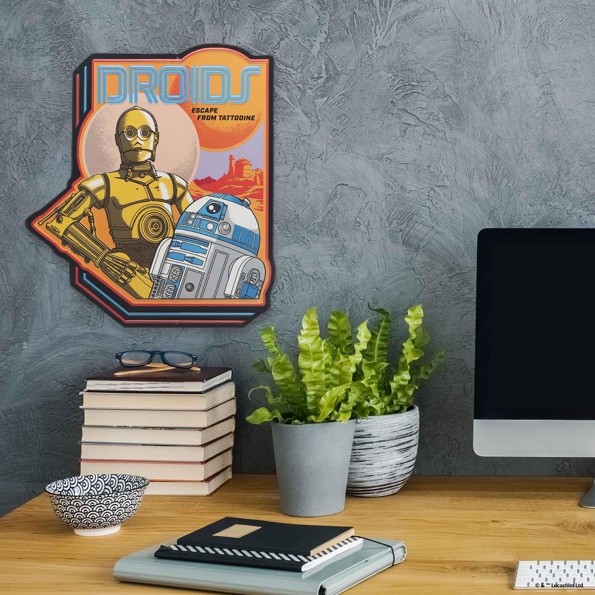 Cartel metálico en relieve Disney Star Wars de los droides escapando de Tatooine, retro, con R2-D2 y C-3PO para la pared del hogar.