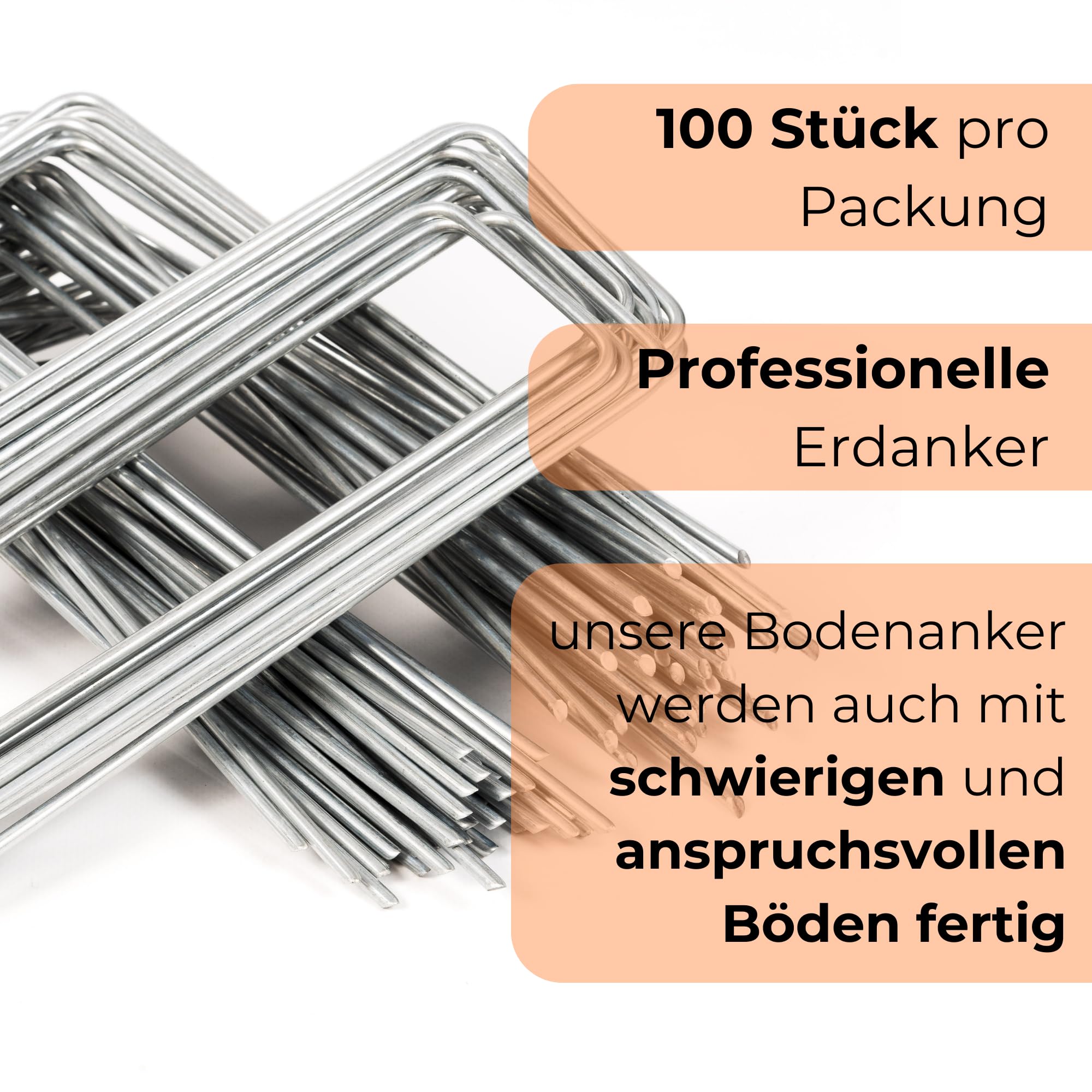 100 Picchetti Giardino Telo Pacciamatura in Acciaio Robusto Galvanizzato Ancoraggio, Ø 4 mm, 250 mm Lunghezza x 70 mm Larghezza, Picchetti a U per Reti, Recinzioni