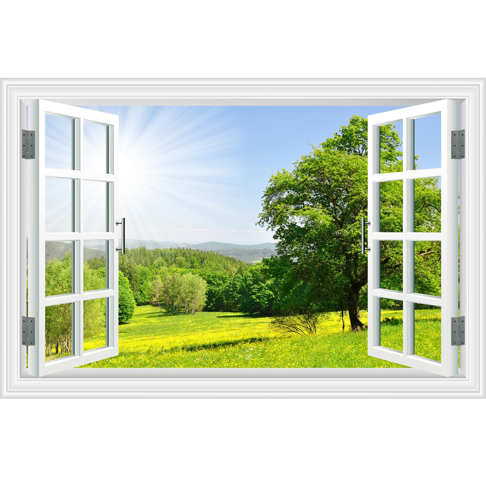 Fake Window Wall Sticker Mural -Mountain Grassland Forest Tree Forest Faux Window Wall Art Poster Picture Decal for Home Office Landscape Decor, Peel