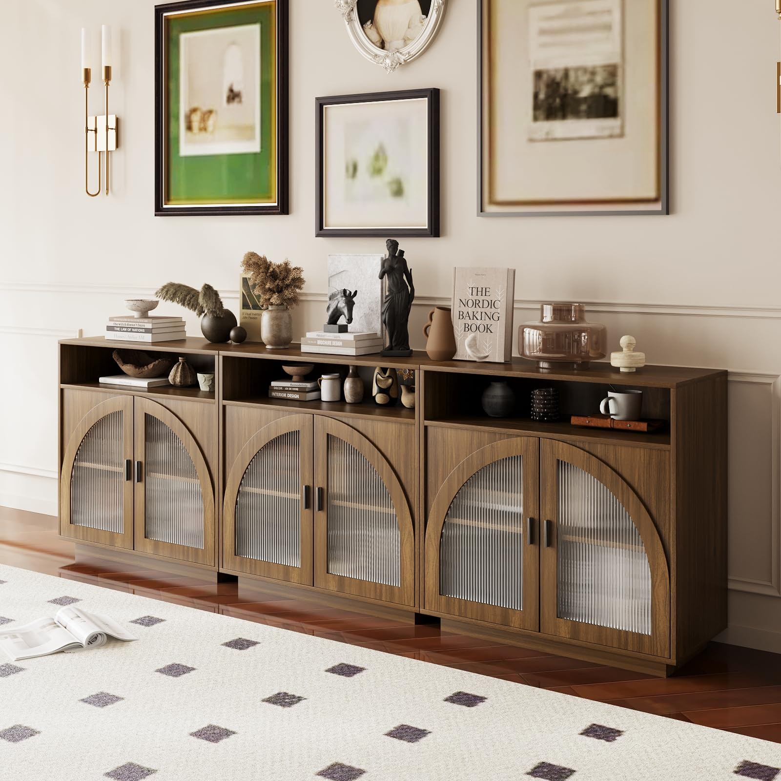 Sideboard Buffet Cabinet with Arched Acrylic Doors &amp; Storage(3, B-Walnut)