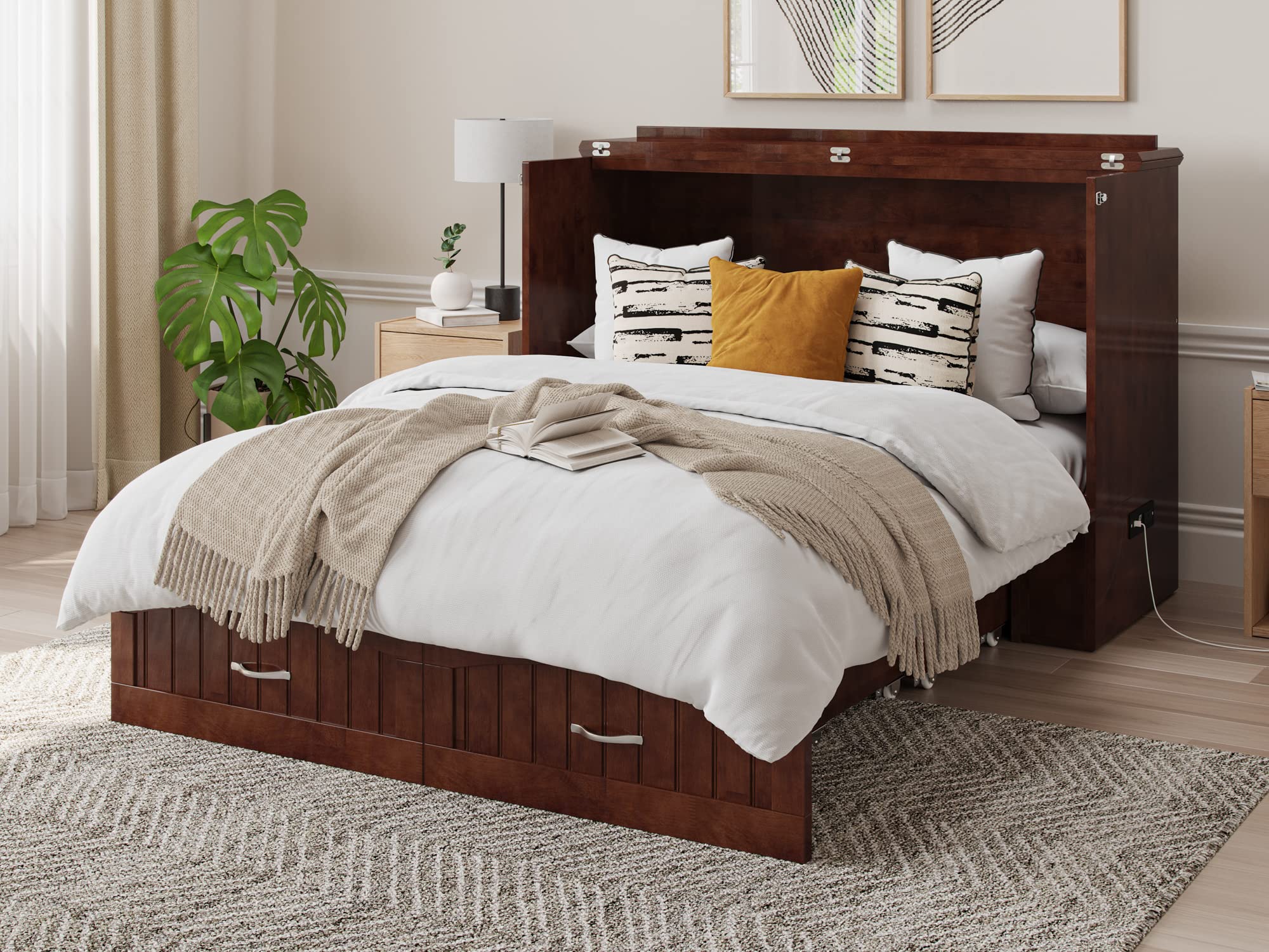 AFI, Southampton Murphy Bed Chest with 6 inch Memory Foam Folding Mattress, Built-in Charging Station and Storage Drawer, Full, Walnut
