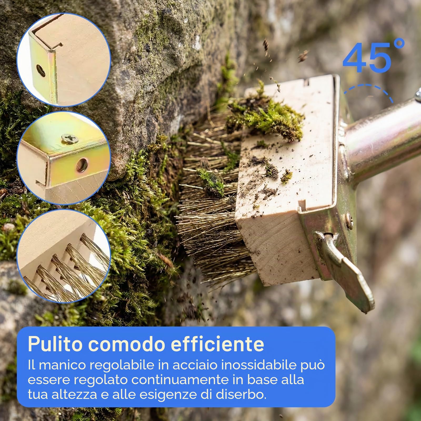 2 Pezzi Scopa Metallica con Manico Regolabile 135 cm, Spazzola in Acciaio Inox con Setole Rigide per Esterni, Spazzola per Pavimenti Giardino e Terrazza, Rimuove Erbacce