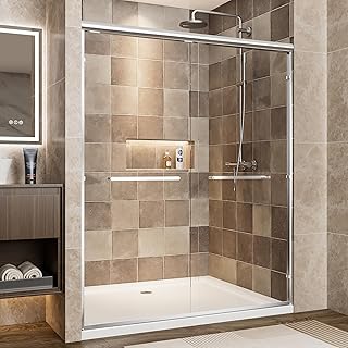 56-60" W x 72" H Double Sliding Shower Doors for Bathroom, 1/4 inch(6mm) Clear Tempered Glass with Semi-Frameless Bypass Aluminum Frame & Stainless Steel Handle(Chrome)