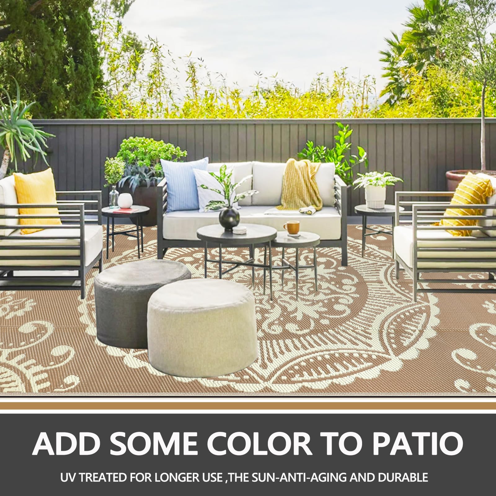 Capslpad Tappeto da campeggio da esterno beige, impermeabile, in plastica, reversibile, bohémien, floreale, balcone, pieghevole, con borsa per il trasporto, per patio, panca, picnic, portico