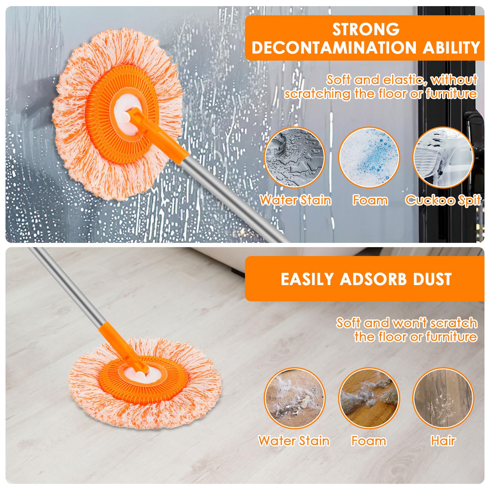 Balai De Nettoyage Rond Rotatif à 360° Réglable Et Extensible De 190 Cm De Long Manche En Microfibre Avec 3 Têtes De Serpillère De Nettoyage Pour Mur
