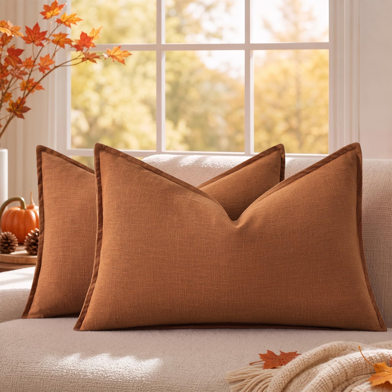 decorUhome Fall Light Rust Linen Throw Pillow Covers 12x20 Set of 2