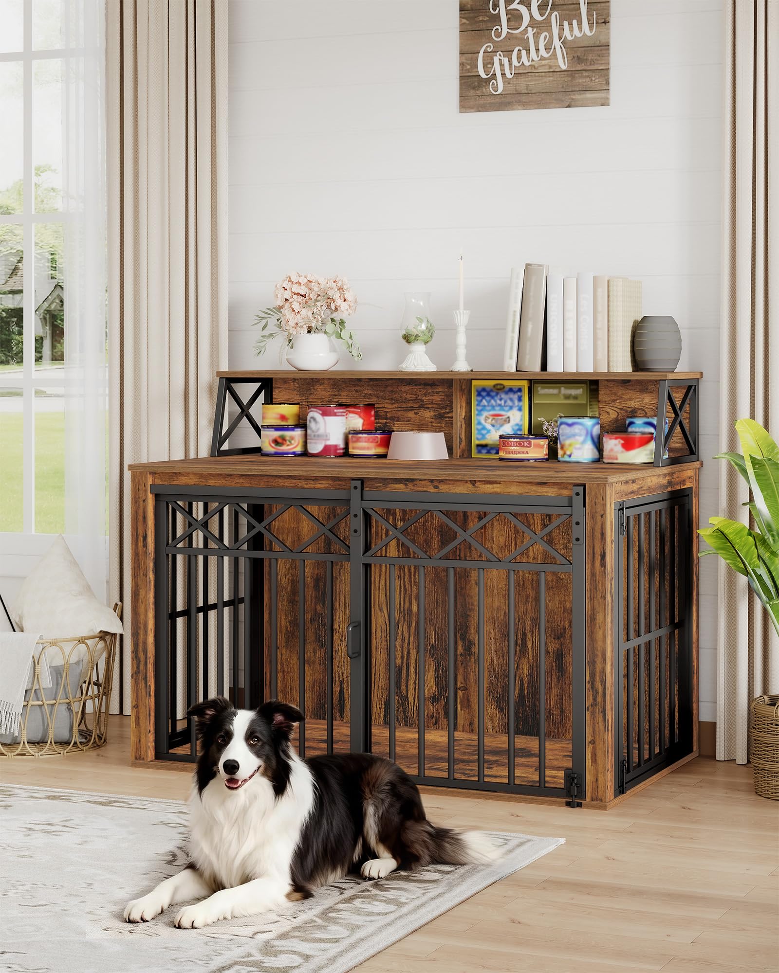 Hzuaneri Jaula para Perros, Muebles, jaulas de Tres Puertas con Estante, Jaula para Perros de Interior con Puerta de Granero, aptas para Razas Medianas y Grandes, 100 x 60 x 86 cm, Vintage DFC87401B