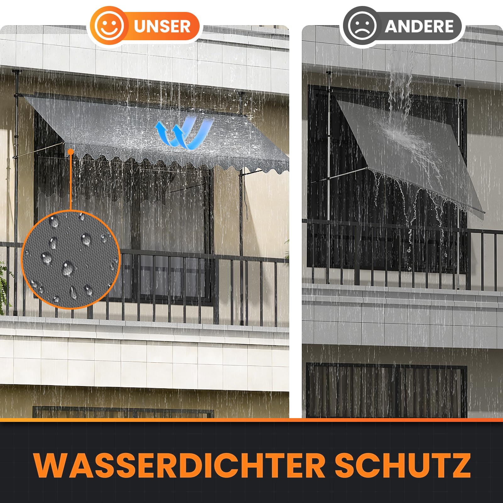 YEAUPE PRO Store banne | Store banne de Balcon sans perçage | Manivelle | Protection UV, Hauteur réglable, Imperméables | Gris (250 x 180 cm)