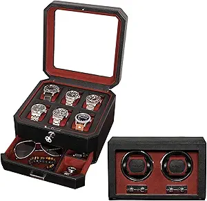 Gift Set 6 Slot Leather Watch Box with Valet Drawer & Matching Double Watch Winder - Luxury Case Display Organizer, Locking Mens Jewelry Watches Holder, Men's Storage Boxes Glass Top Black/Red
