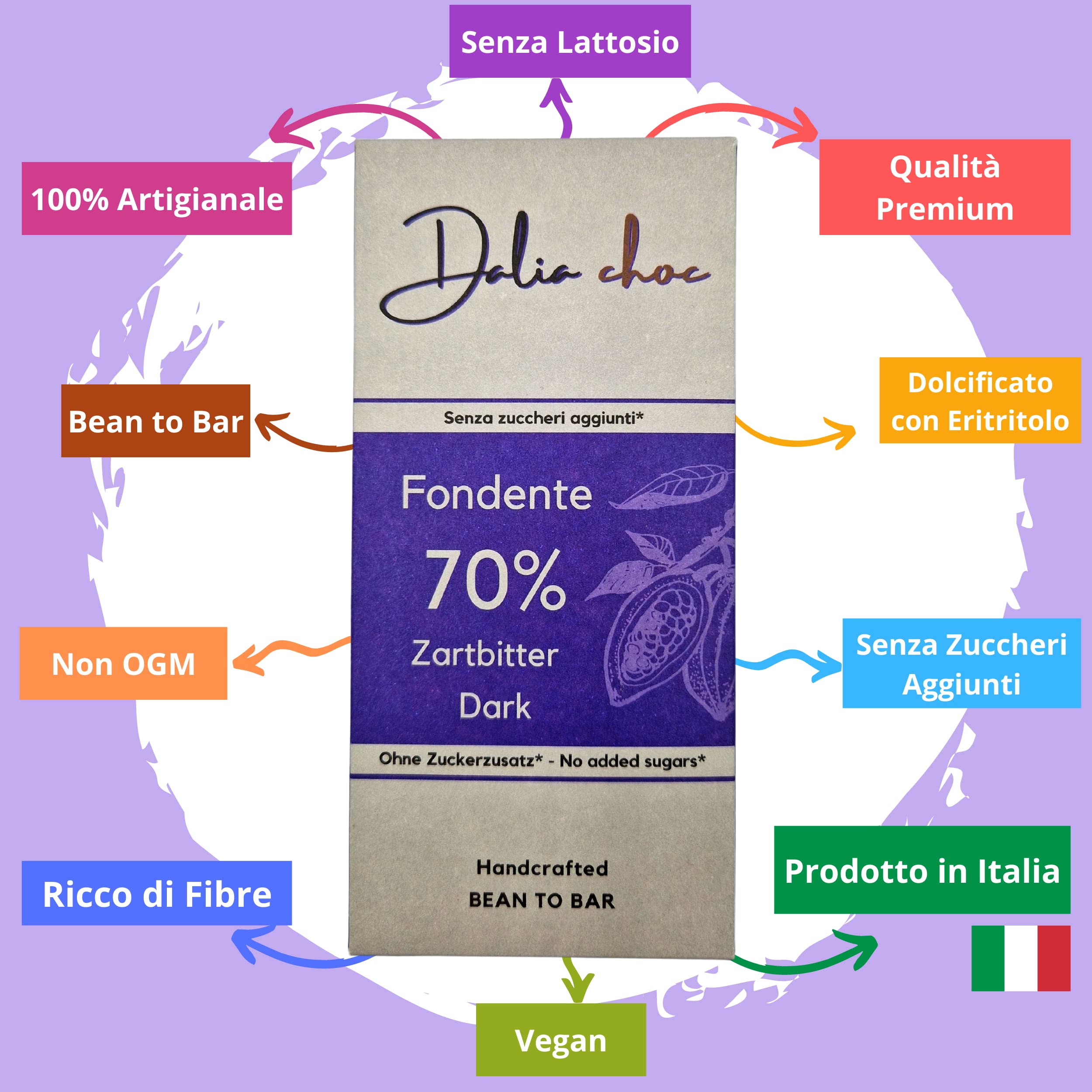 Dalia Choc - Tavolette di cioccolato PREMIUM - 10 Pezzi | Senza Aggiunta di Zuccheri | Prodotto in ITALIA | BEAN TO BAR - FONDENTE