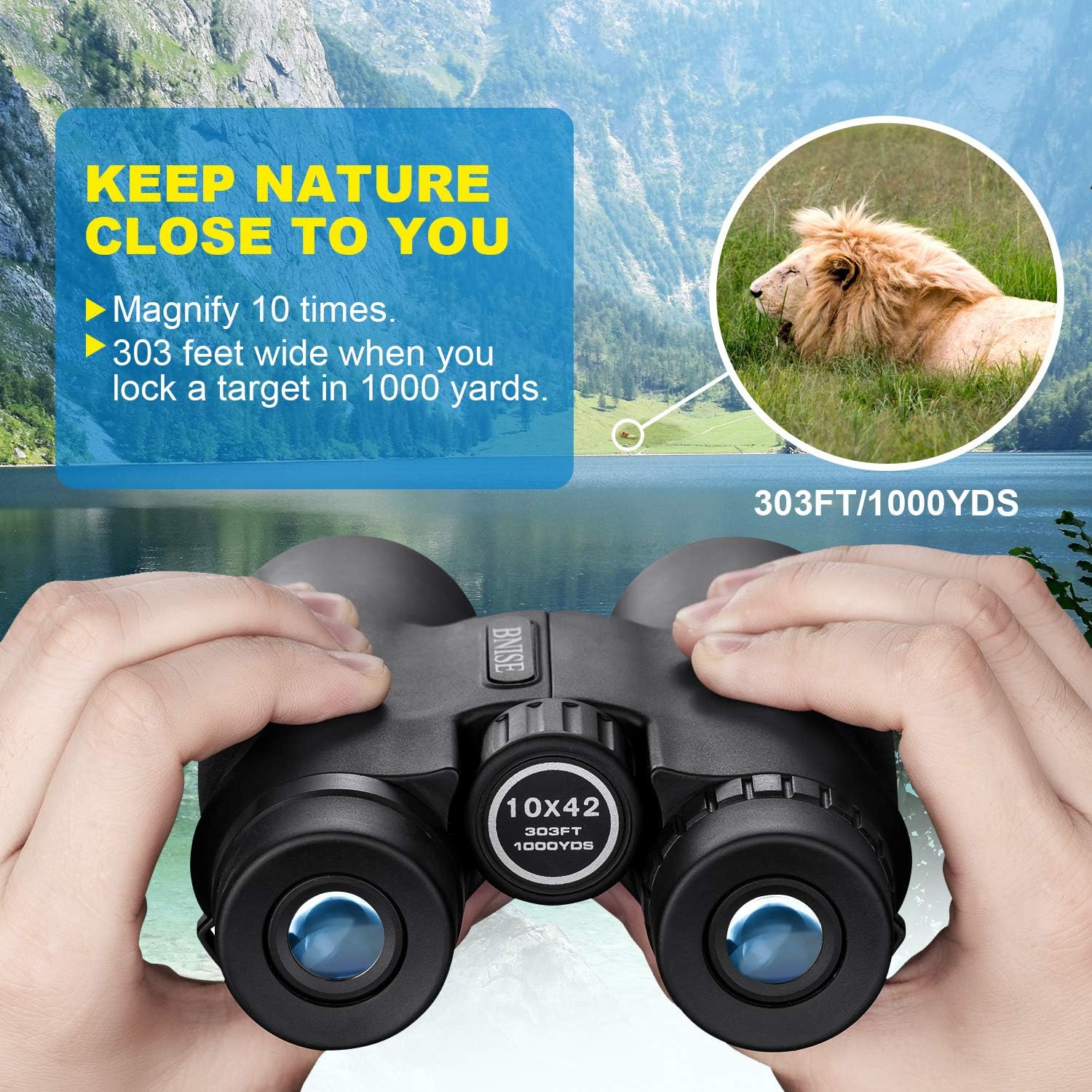 BNISE Binoculars for Adults, 10X42 Roof Prism Low Light Vision Lightweight Compact Binocular for Bird Watching, Hunting, Traveling, Stargazing with Lens Caps, Neck Strap and Carrying Bag