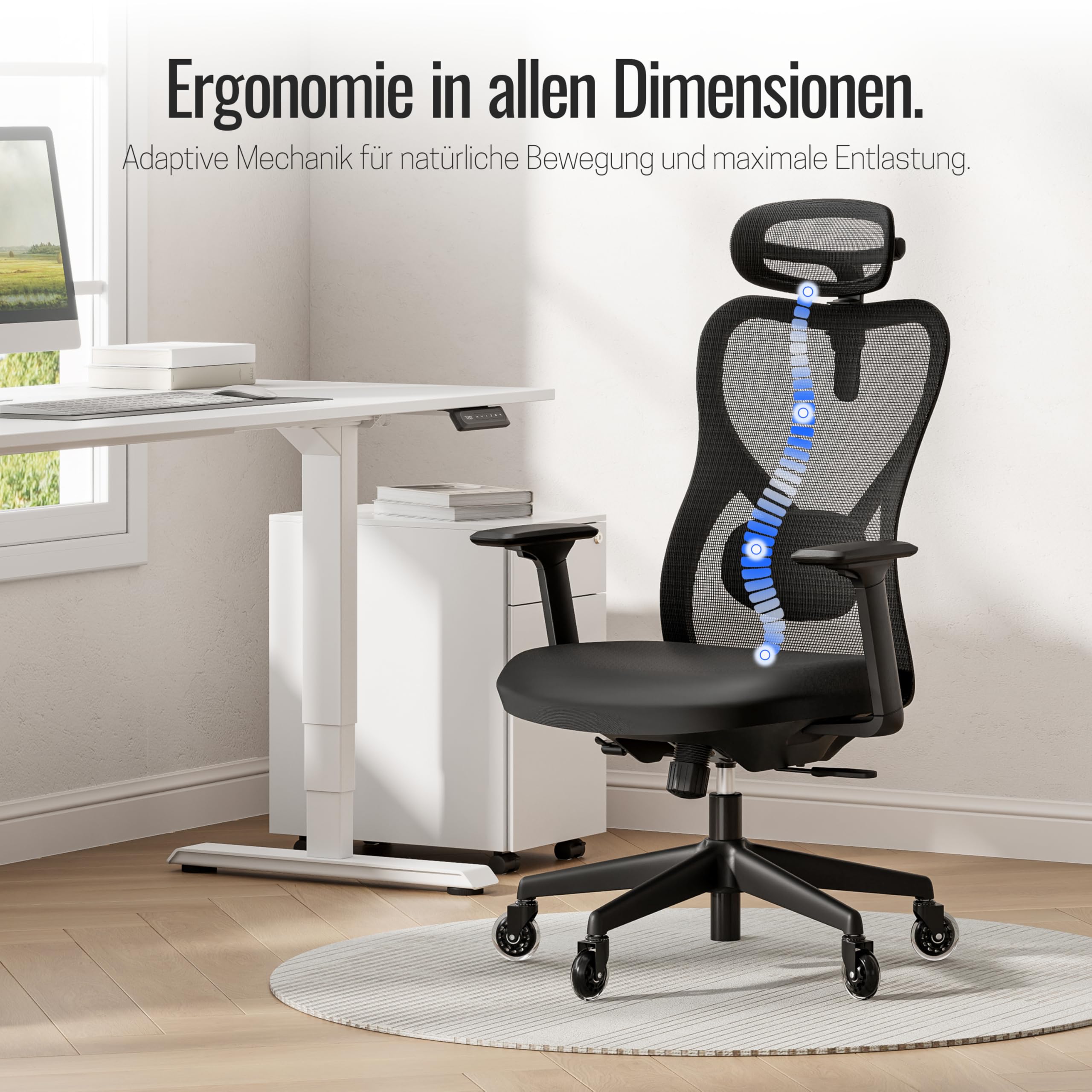 Yaasa Chair Plus, Bürostuhl des Jahres 2026, ergonomischer Schreibtischstuhl mit Kopfstütze 2D-Lordosenstütze & 4D-Armlehnen, Drehstuhl-TESTSIEGER gesundes Sitzen, Homeoffice Büro, Flüsterrollen 150kg