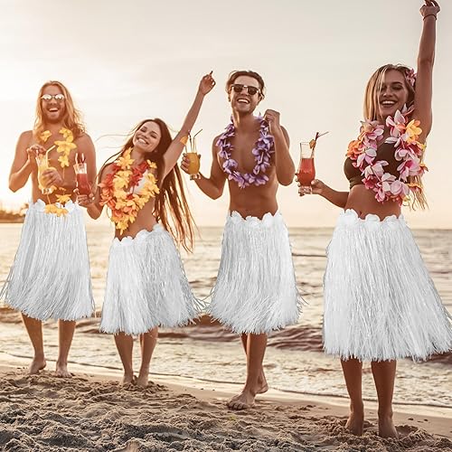 Miniatura 7 de 6 faldas hawaianas de hierba de Luau Hula de 24 pulgadas, vestido de Luau hawaiano blanco para boda, vestido hawaiano Luau elástico con flores de