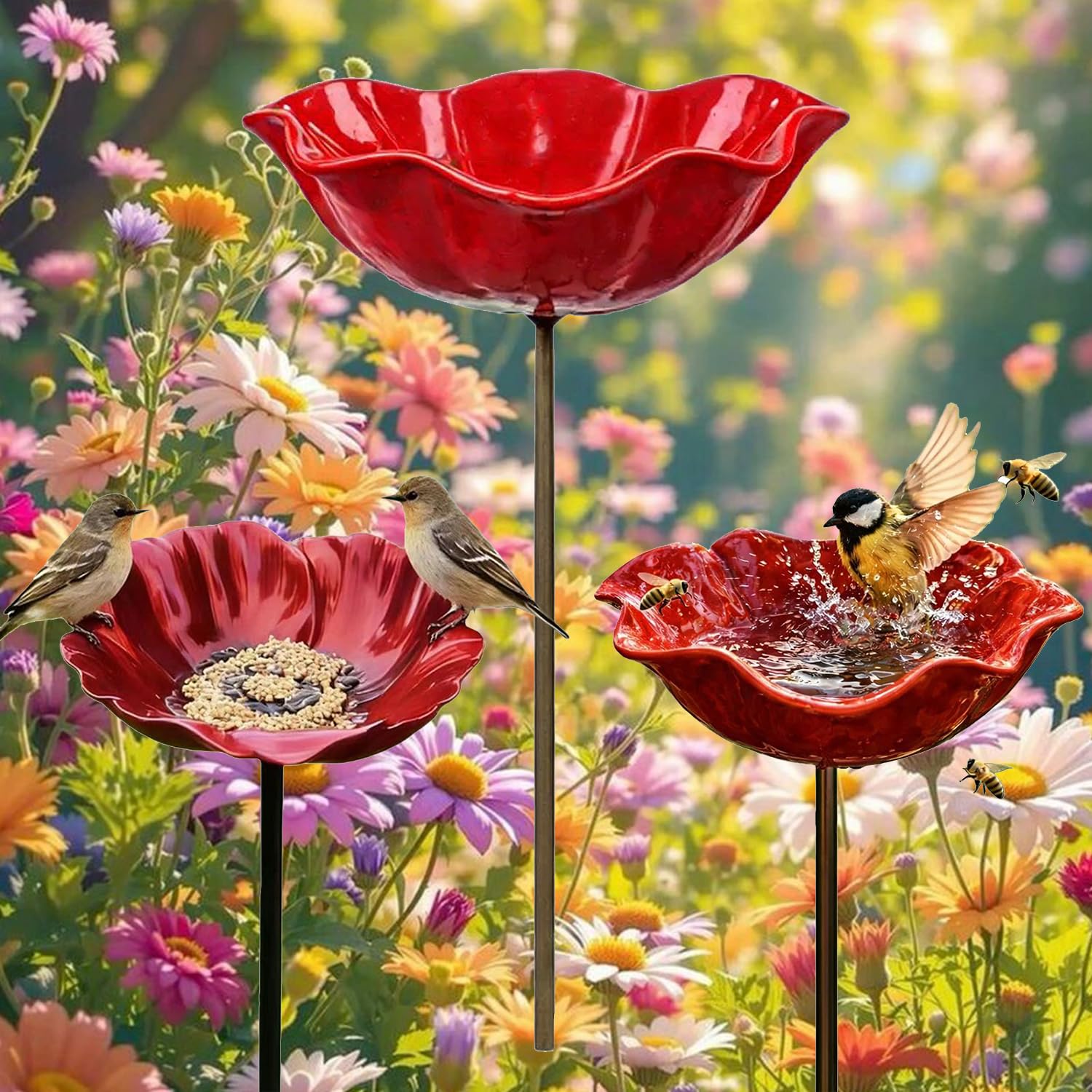 3 Pack Handmade Metal Flower Garden Stake Bird Bath, Freestanding Birdbaths & Supports, Bee Watering Station, Metal Bird Bath for Garden, Spa Birdfeeder for Outdoor Yard, Lawn & Patio Décor (Red)