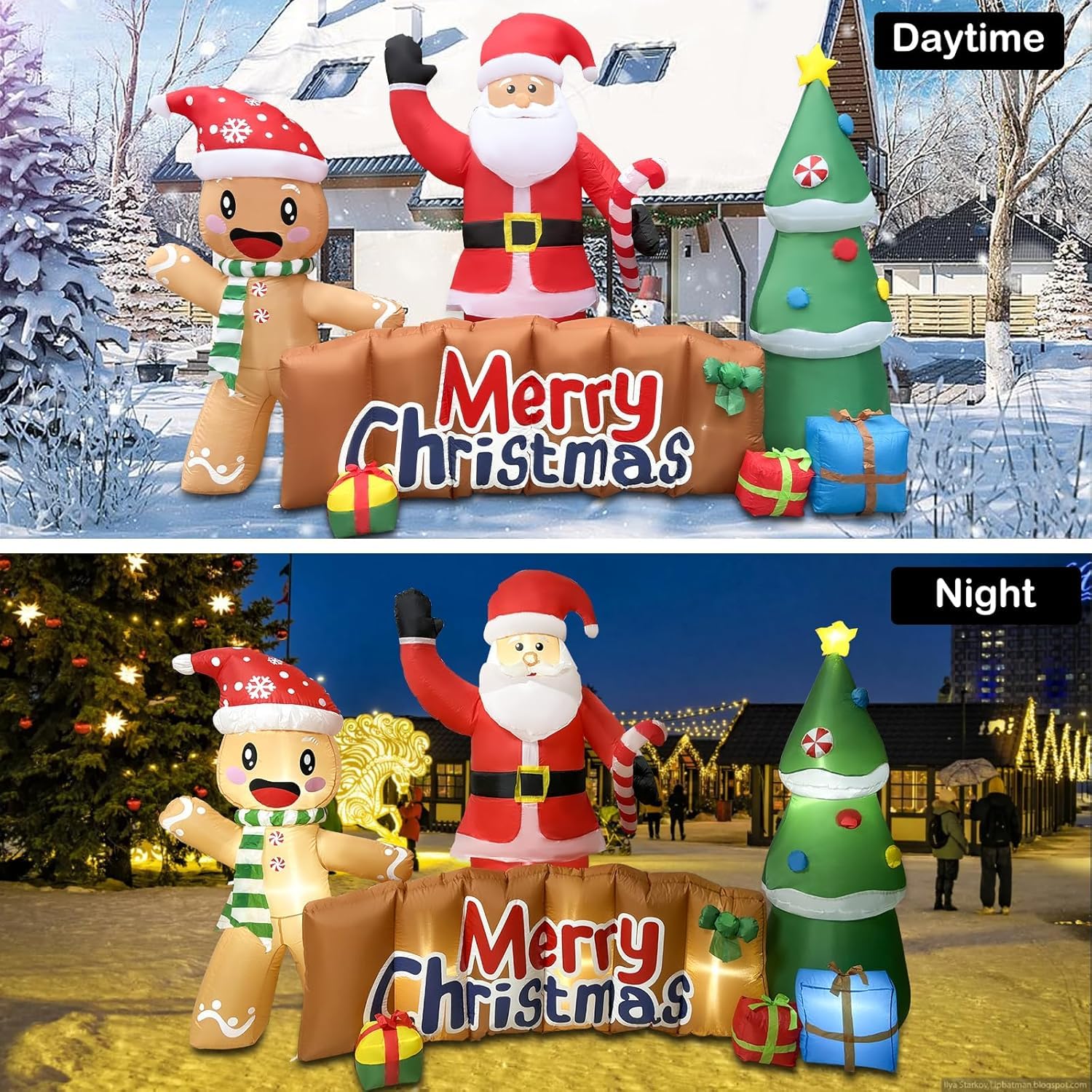 ZXSWONLY Décoration Gonflable géante (3 mètres) « Joyeux Noël » avec Père Noël, Bonhomme en Pain d'épice et Sapin – Décoration d'extérieur pour Jardin, terrasse ou pelouse