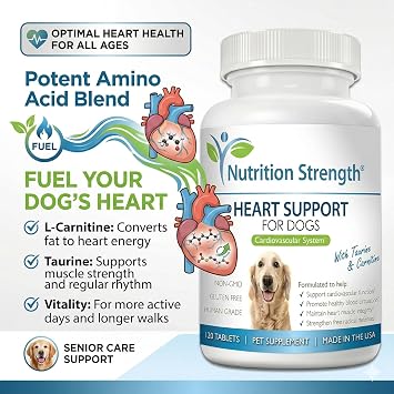 Heart Support for Dogs with Taurine & Carnitine, Promote Blood Circulation, Support Cardiovascular Function, Heart Muscle Integrity & Free Radical Defenses, 120 Chewable Tablets