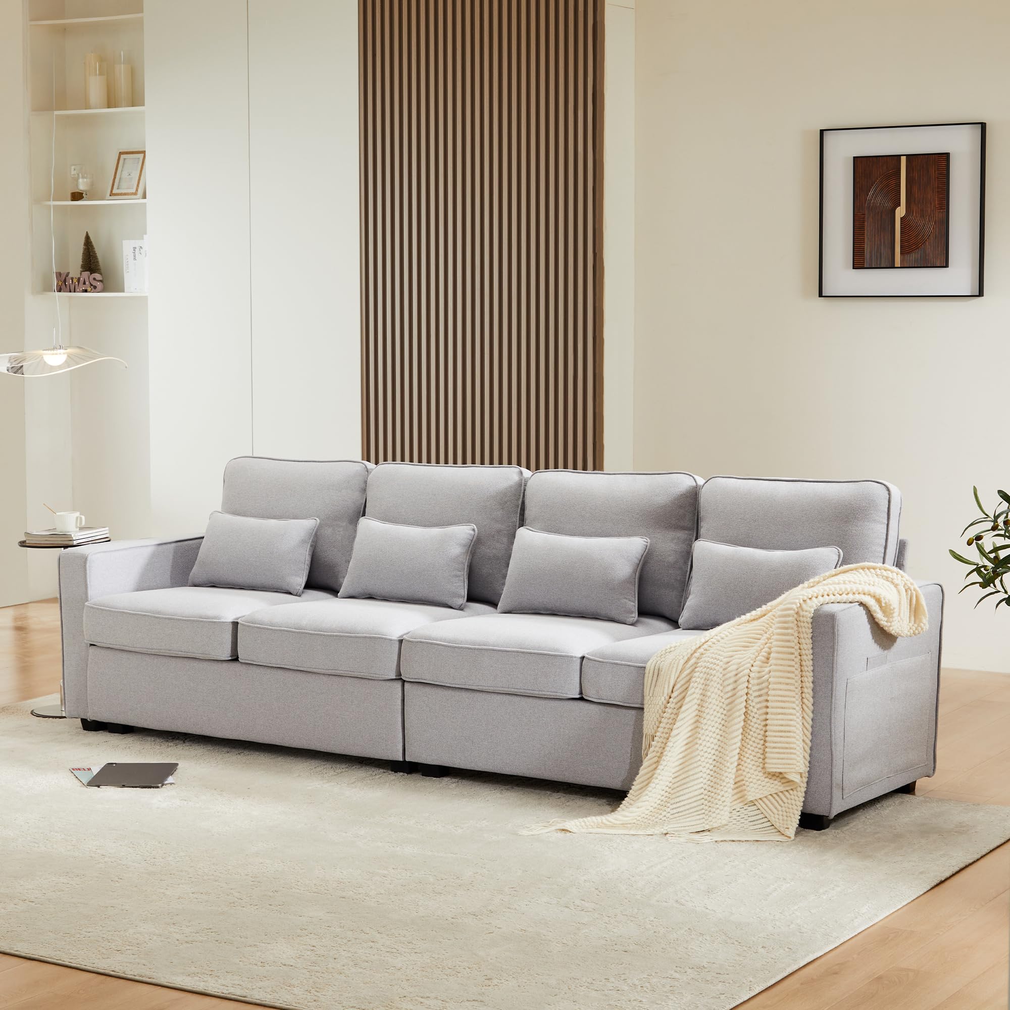 Sofá moderno de 4 plazas en tela de lino, sofá de cuatro plazas con bolsillos para apoyabrazos y 4 cojines, sofá de estilo simple, adecuado para sala de estar, casa, oficina (Gris)