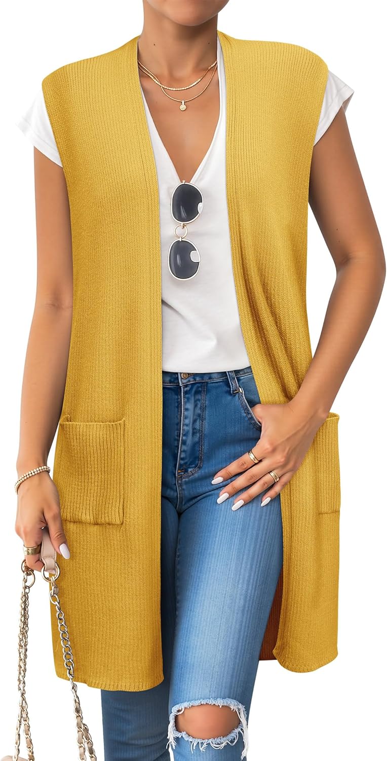 ZXZY Long Vest for Women Sleeveless Knit Cardigan Open Front Draped Sweater Duster Casual Lightweight Outwear Vests - Image 3