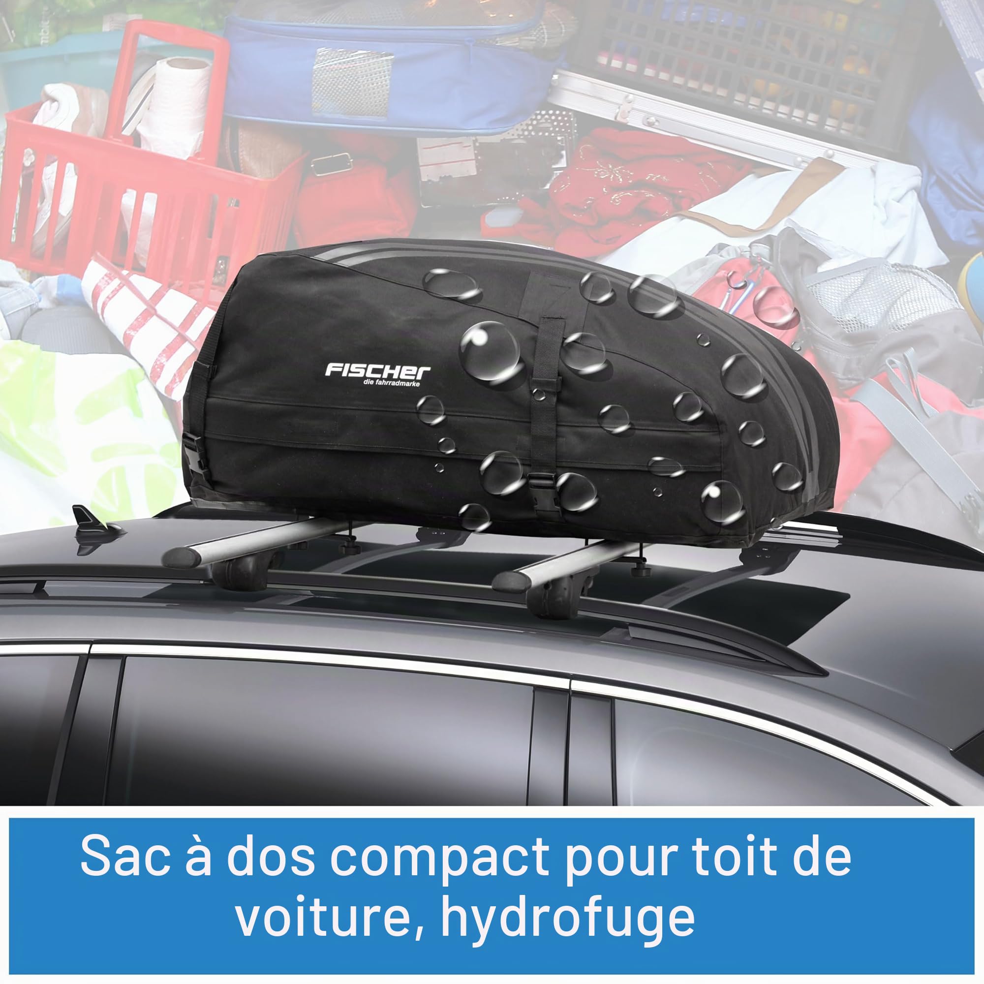 Fischer 126000 Coffre de Toit Pliable, étanche et très Solide de 270 l avec Sac de Rangement, Black | Polyamide imperméable de 270 l pour vacances en famille et camping. Se plie à 100x20x10 cm pour un rangement ultra-compact.