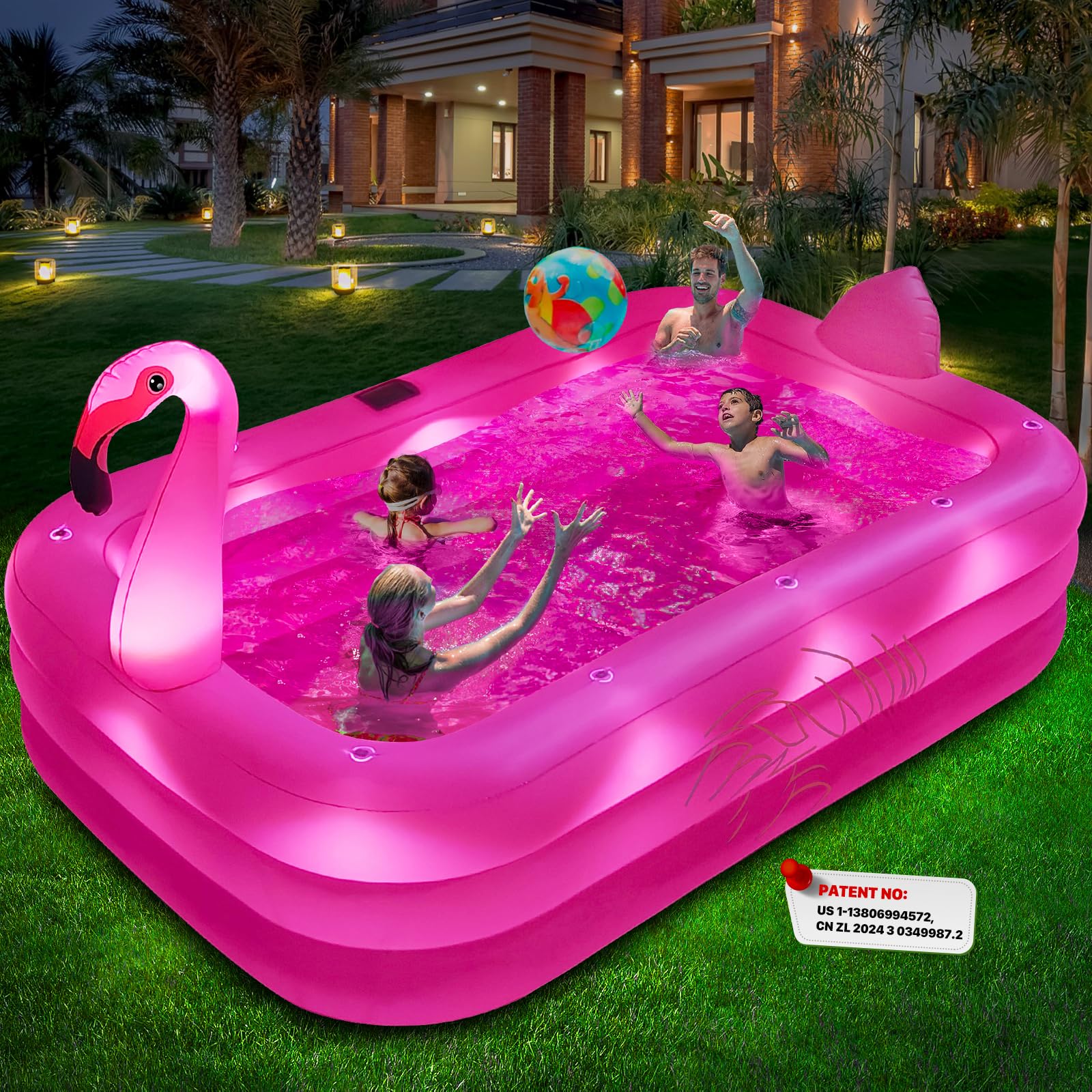Inflatable Pool with Lights, Solar Flamingo Swimming Pool for Kids,Adults Inflatable Blow up Pool, Large Kiddie Pool,Durable Thickened Kids Pool for Backyard,Outdoor,100"X63"X20"-Bright Pink