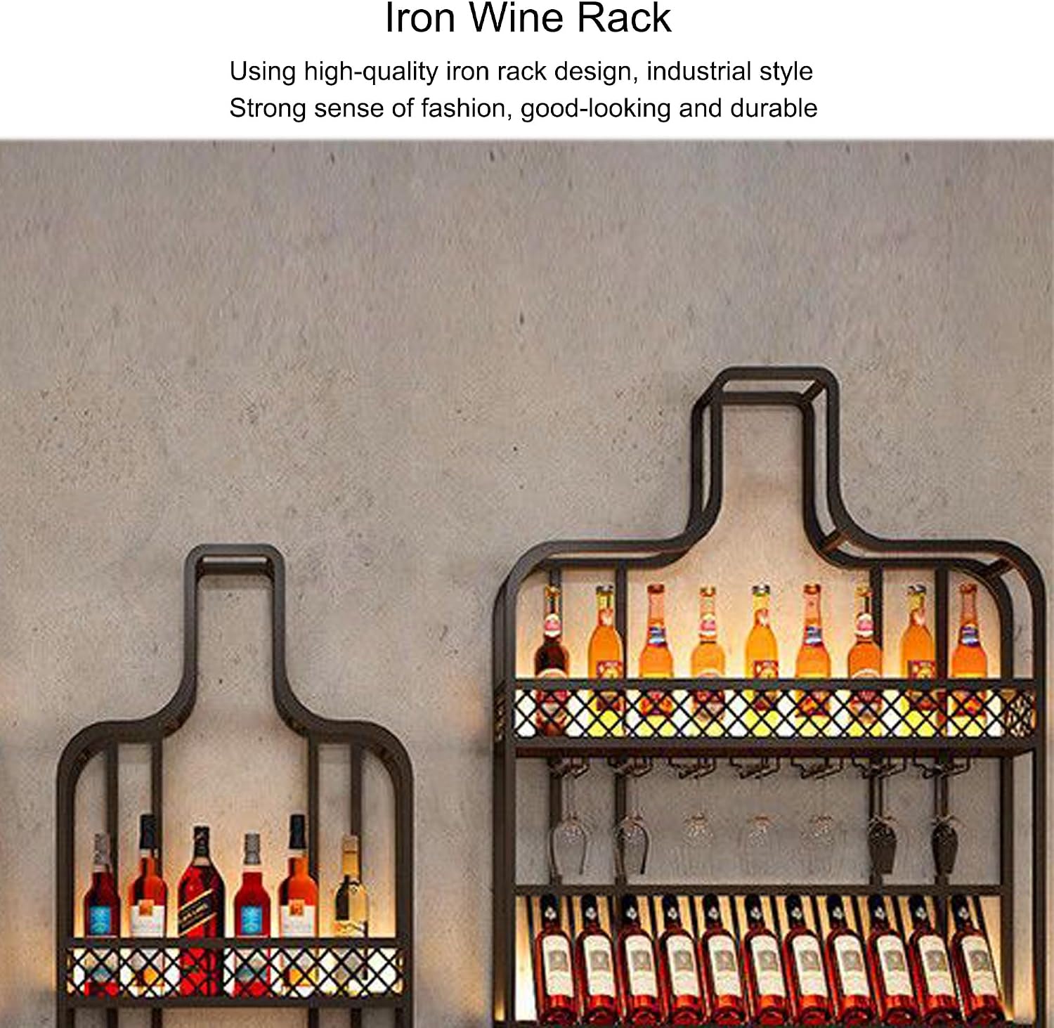 Wine Rack Wall Mounted Floating Bar Shelves Liquor Shelf with LED Light Wine Racks for Wine Bottles with Hanging Wine Glass Holder Liquor Shelves Floating Bar for Home Bar Dining Room Kitchen(Small)