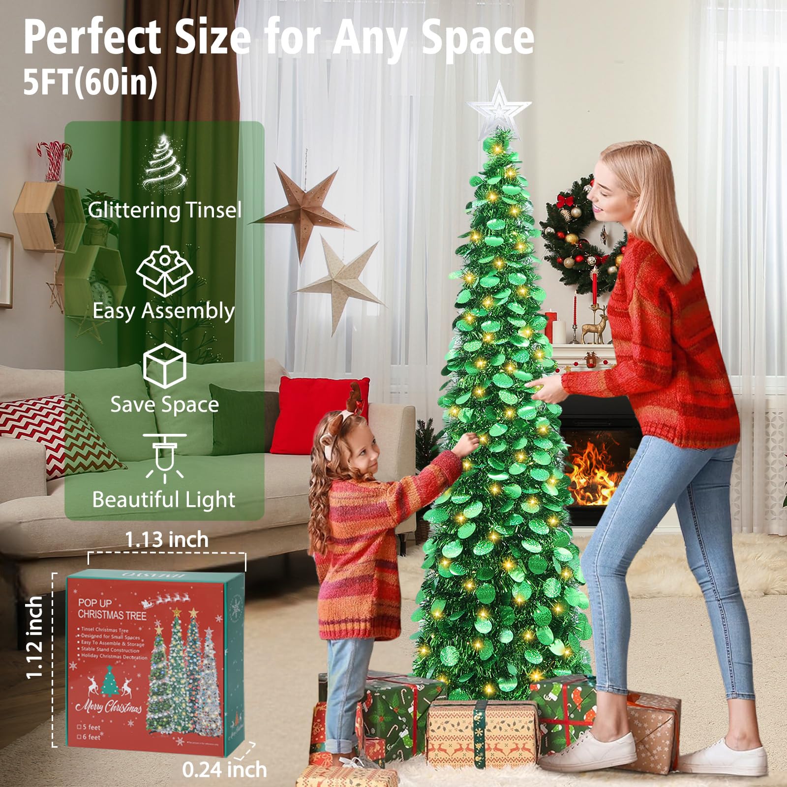 HMASYO Sapin de Noël pop-up de 1,5 m avec lumières minuterie, sapin de Noël artificiel pliable pour intérieur, maison, appartement, porche, décorations de fête de vacances (vert)