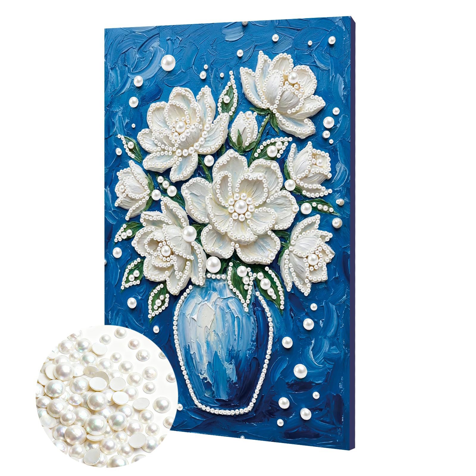 DIY Pearl Painting Kit with Wooden Frame, 3D Plastic Pearl Gemstone Ocean Art Craft for Adults Beginners, Diamond Dot Painting, Home Wall Decor Ready Gift for Women(Blue Vase)(20 * 30cm)