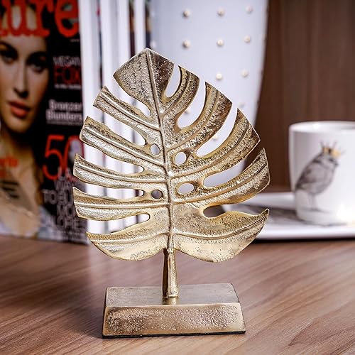Miniatura 2 de MyGift Decoración de escultura de arte moderno de hoja de palmera de metal en tono latón, estatua de planta de Monstera - Hecho a mano en la India