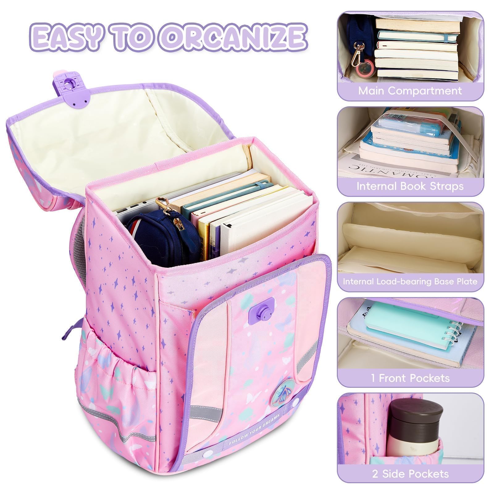 Amythe Set 4-teilig Schulranzen Mädchen Ergonomischer, Schulrucksack Mädchen der ab 1. Klasse, Rucksack Kinder mit Brustgurt, Reflektoren, Abnehmbarer Gürtel, Schmetterlingsmotiv
