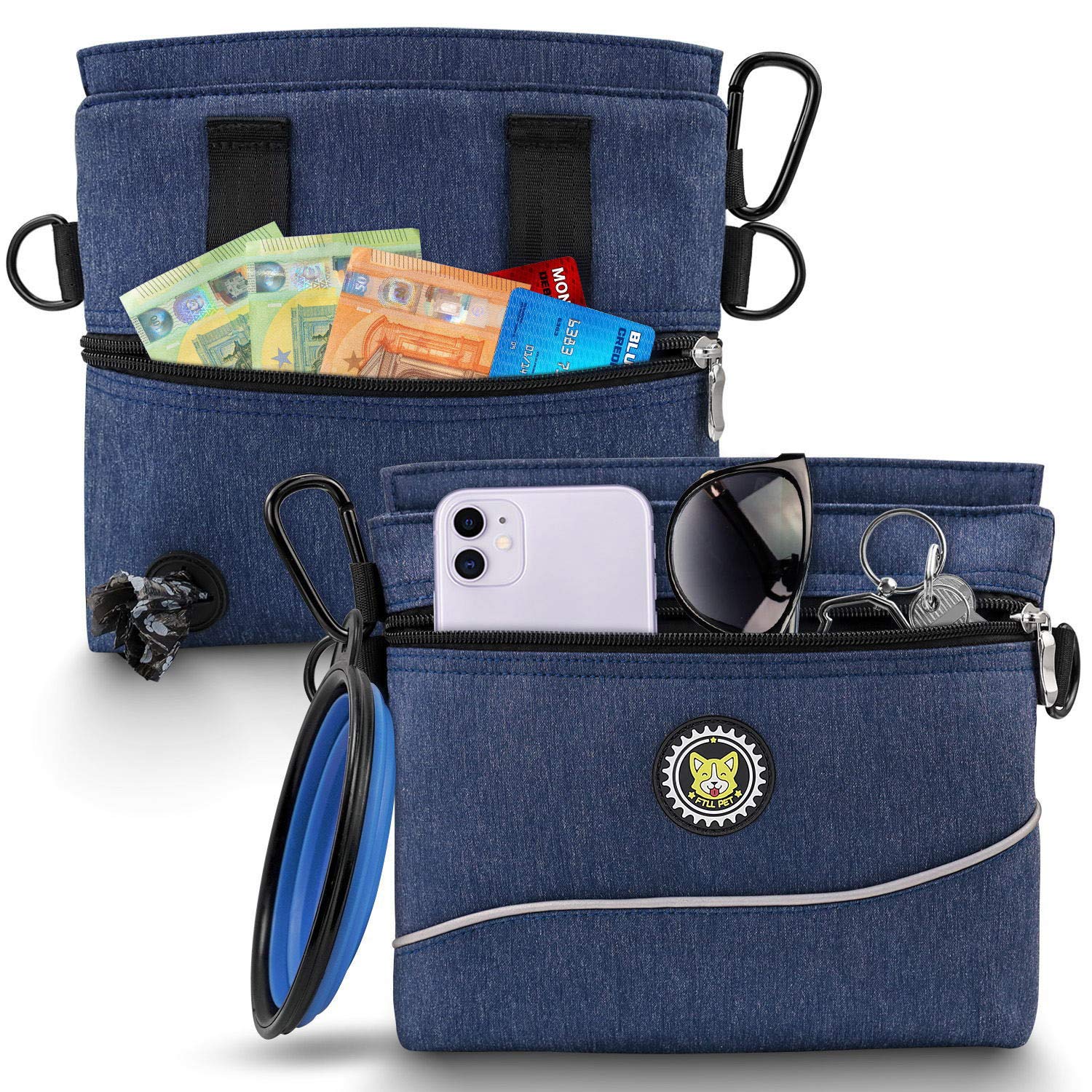 Bolsa de golosinas para perros con cierre magnético, 2 bolsillos con cremallera, bolsa de comida para perros con bolsillo interior extraíble, correa acolchada para el hombro, bolsa de comida perfecta