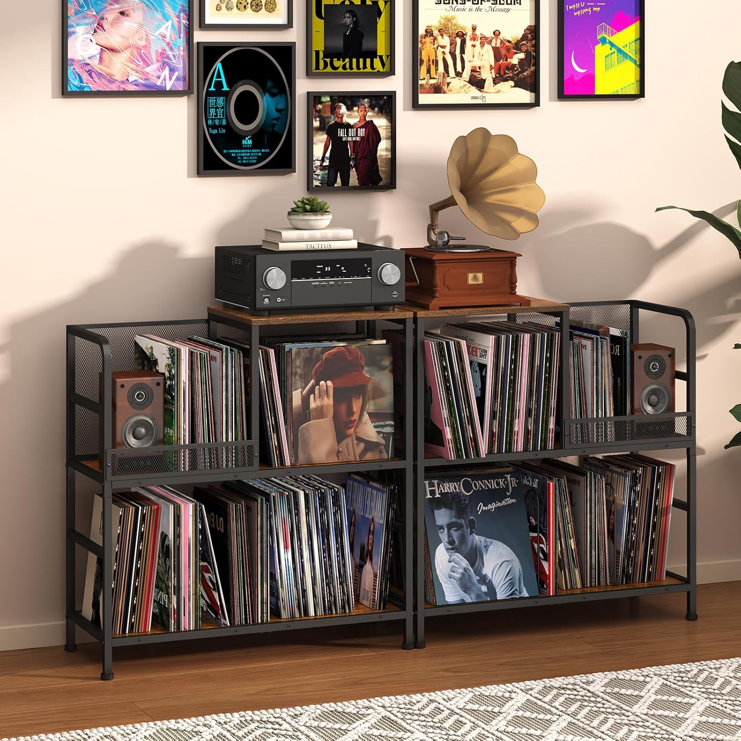 Huxitocan Record Player Stand Holds Up to 150 Albums with 4 Adjustable Dividers, Vintage Turntable Stand, End Table Vinyl Record Holder
