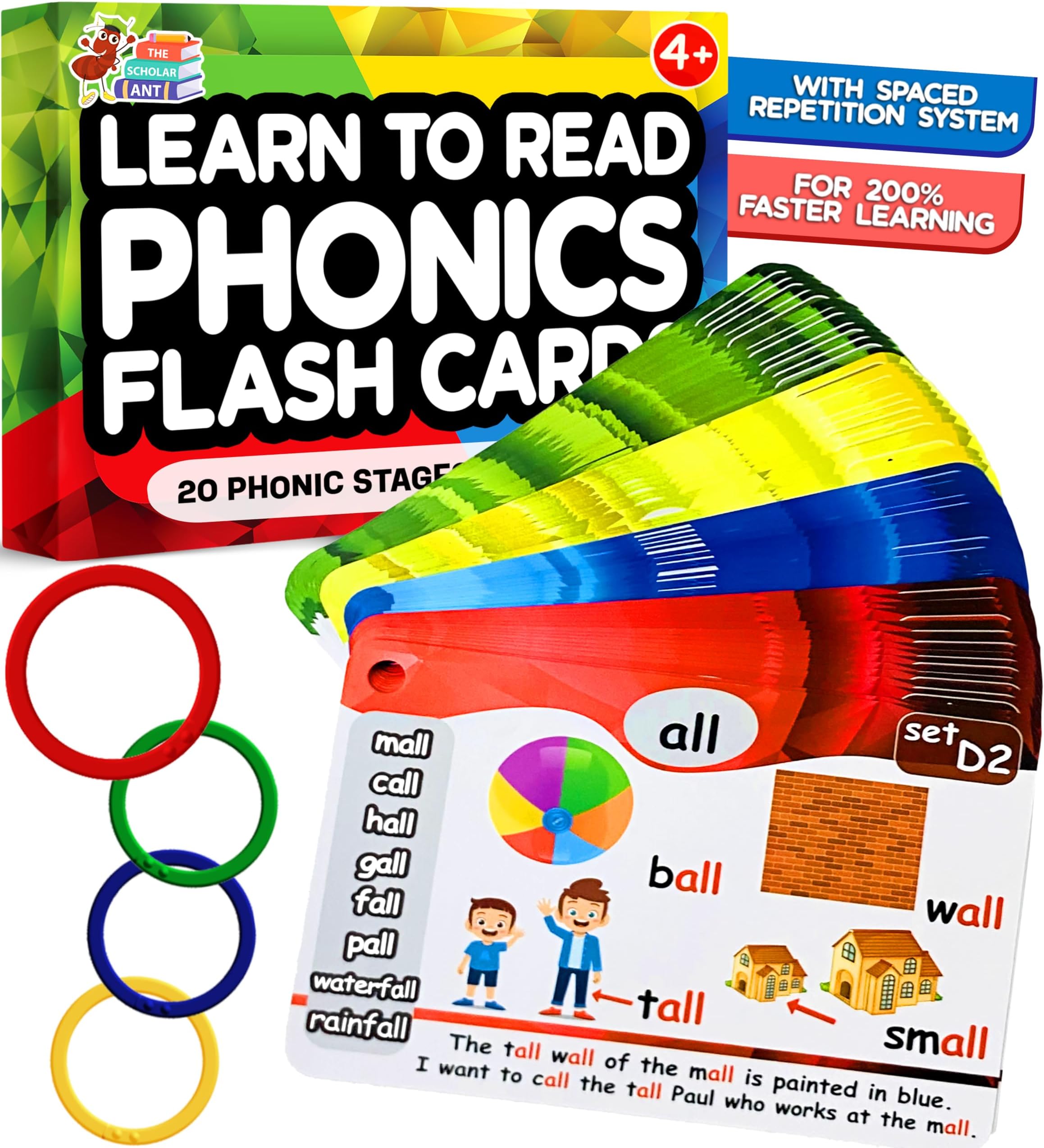 Phonics Flash Cards - Learn to Read in 20 Phonic Stages - Digraphs CVC Blends Long Vowel Sounds - Phonics Games for Kids Ages 4-8 Kindergarten First Second Grade Homeschool Educational