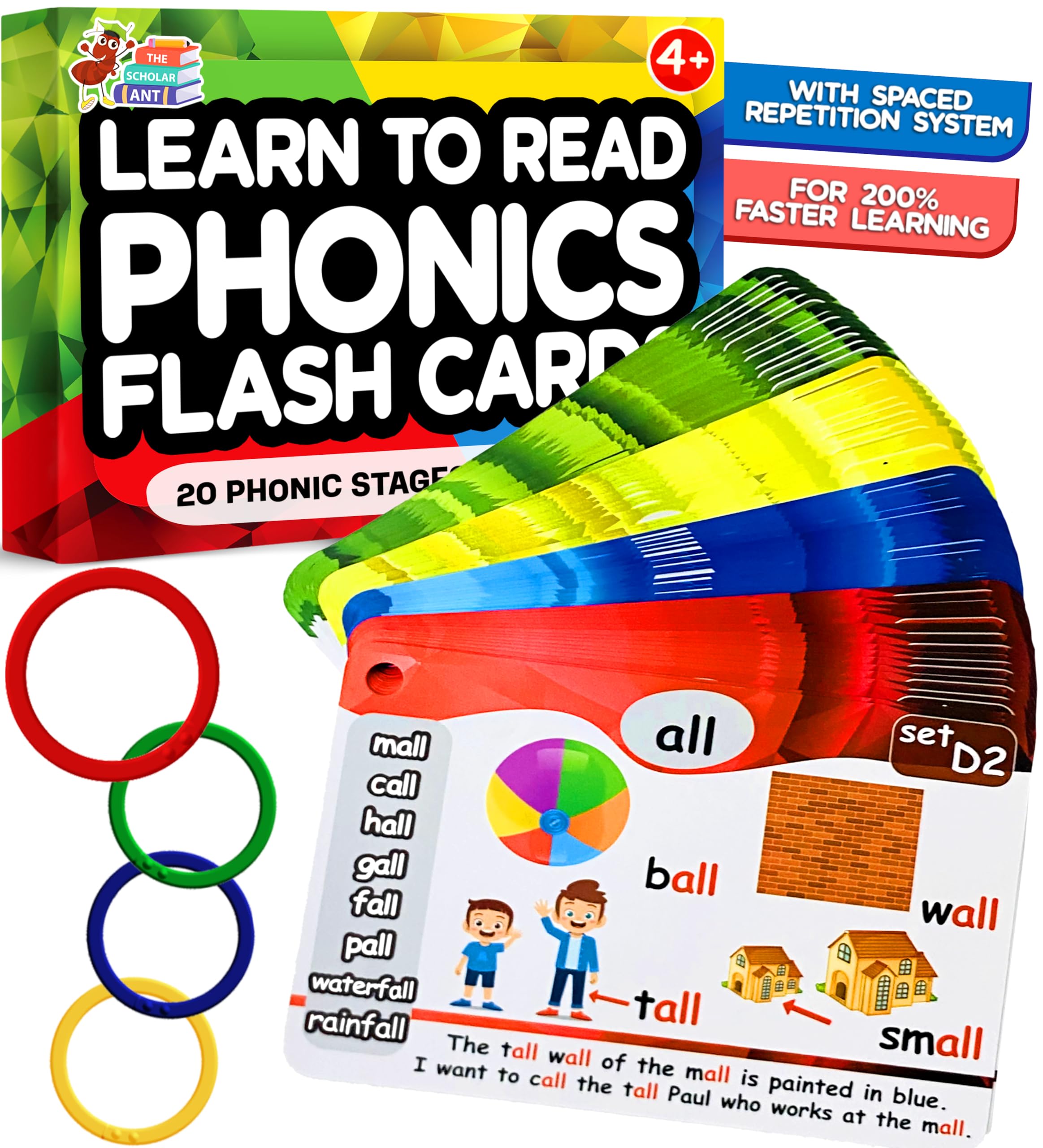 Phonics Flash Cards with Proven Spaced Repetition Learning System - Learn to Read in 20 Phonic Stages - Digraphs CVC Blends Long Vowel Sounds Phonics Games for Kids Ages 4-8 Kindergarten 1st 2nd Grade