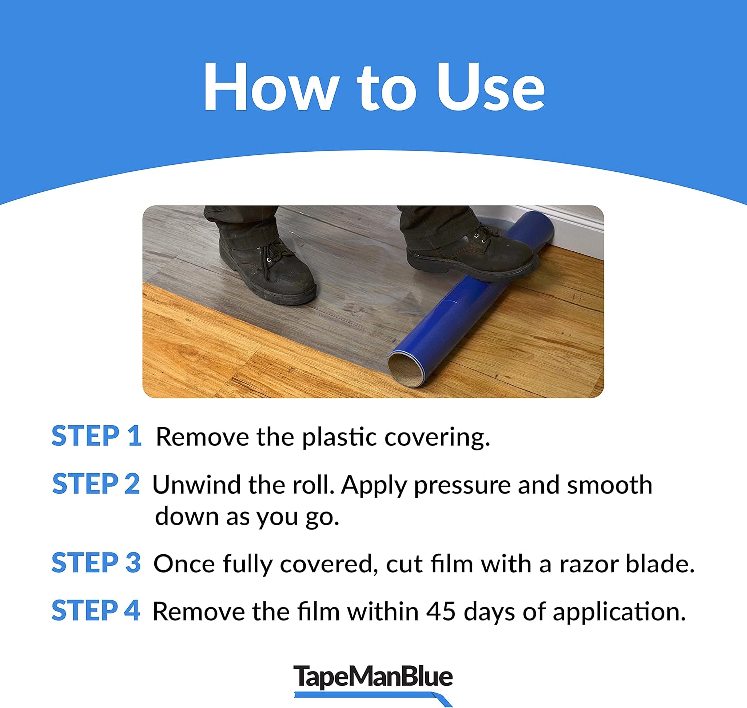 Floor Protection Film, 24 inch x 200 Foot Roll, Blue Self-Adhesive Protective Film for Hardwood Floor, Tile, and Hard Surfaces, Made in America - - 