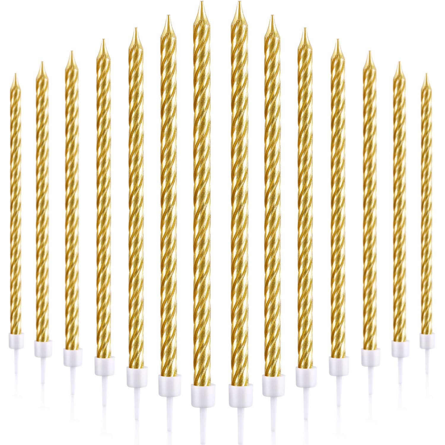 BBTO 30 Stücke Geburtstag Kerzen Spiral Kuchen Kerzen Metallisch Cupcake Kerzen Lange Dünne Kuchen Kerzen in Haltern für Geburtstag Hochzeit Party Kuchen Dekorationen (Gold)