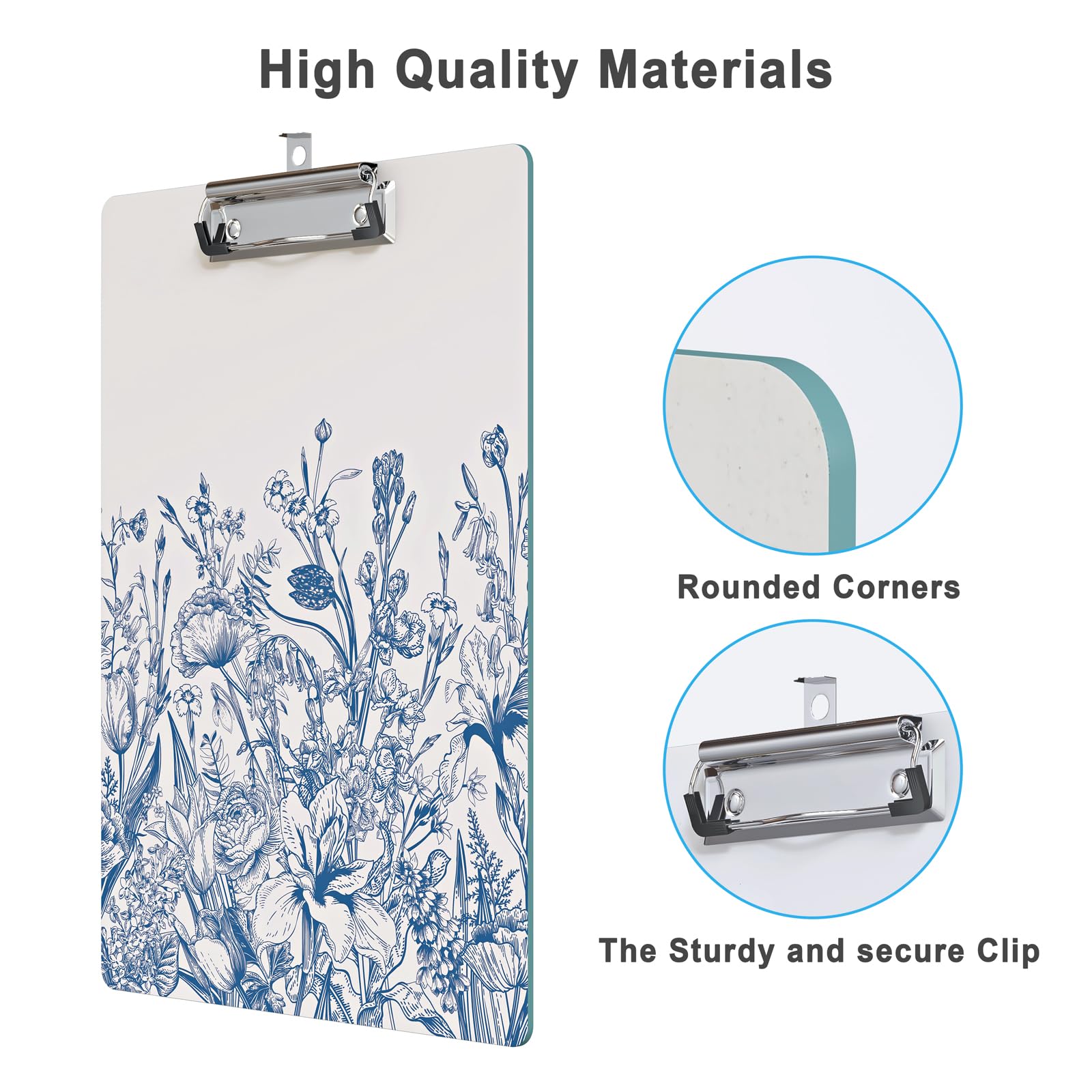 Portablocco decorativo in legno, formato A4, formato lettera, per aula e ufficio, dimensioni standard 22,9 x 31,8 cm, con clip in metallo a basso profilo, fiore blu