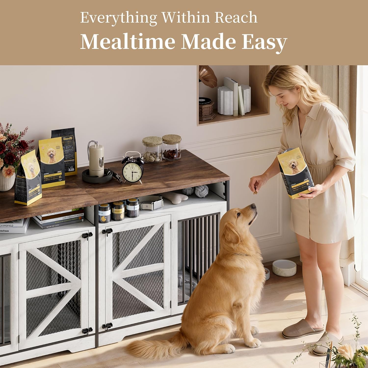 Donox Dog Crate Furniture for 1 or 2 Dogs, Double Dog Kennel with Removable Divider & Dual Doors, Heavy Duty Wooden TV Stand Console Table for Large Medium Breed Dogs, White & Brown