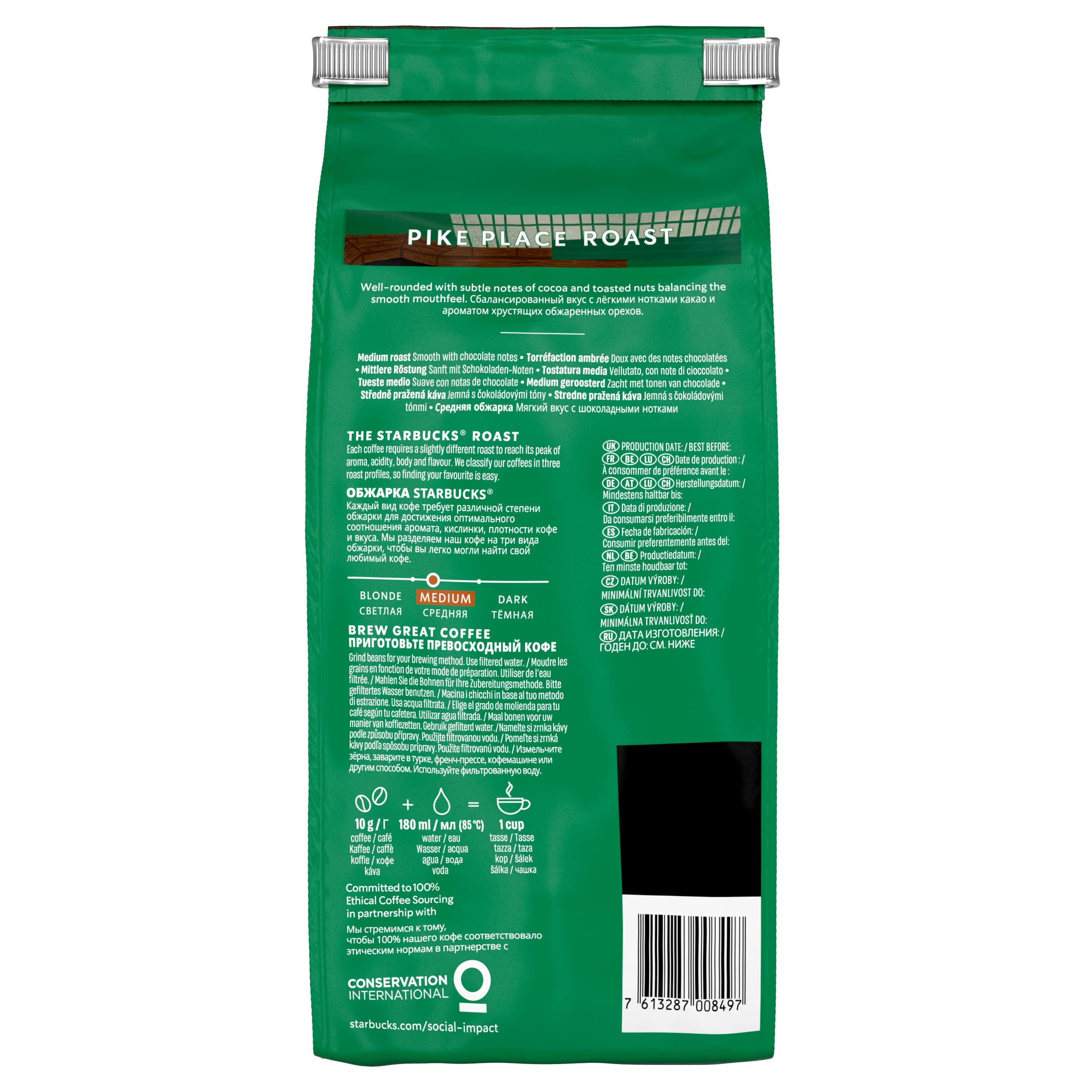 STARBUCKS Pike Place Roast Café De Grano Entero De Tostado Medio, 450g (Paquete de 4)