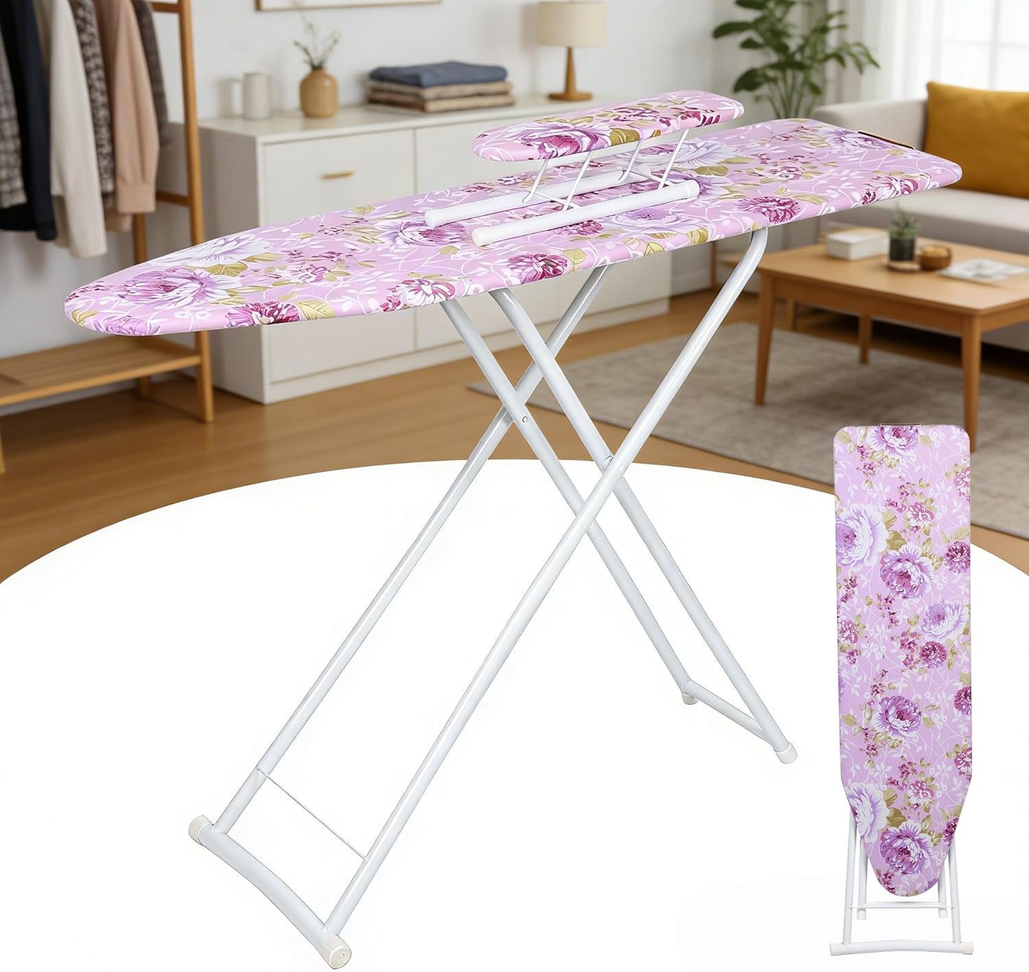 Ironing Board Full-Size, Adjustable Height Foldable Extended Household Ironing Board Outside with Heat-Resistant Cover, Anti-Slip Feet, Heat-Resistant Cover Purple 42 inch