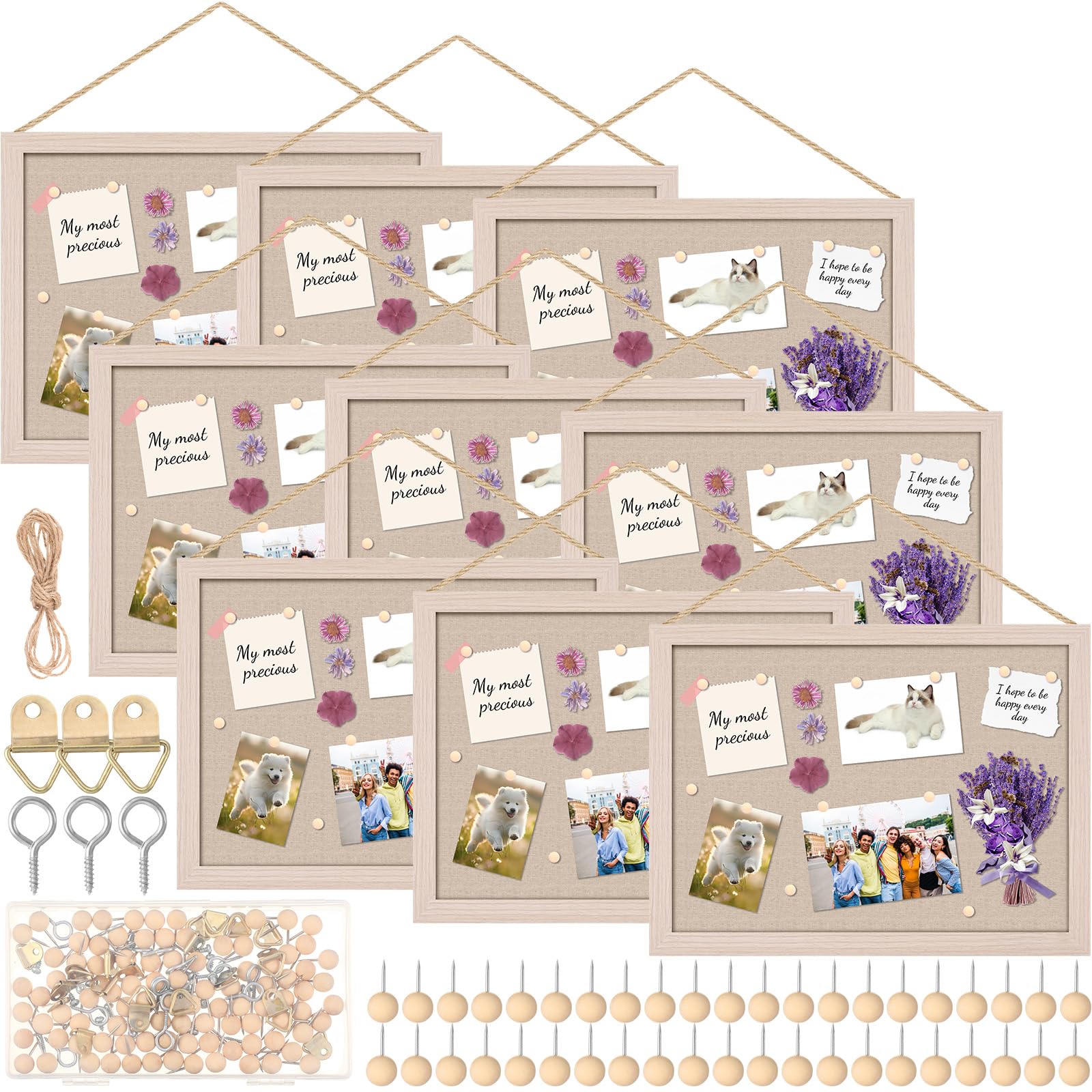 Photo 1 of Teling 9 Pack Wood Bulletin Boards with Linen 12''x 16'' Cork Board for Walls with 90 Pushpin Decorative Wood Framed Display for School Office Home Decor (Brown)