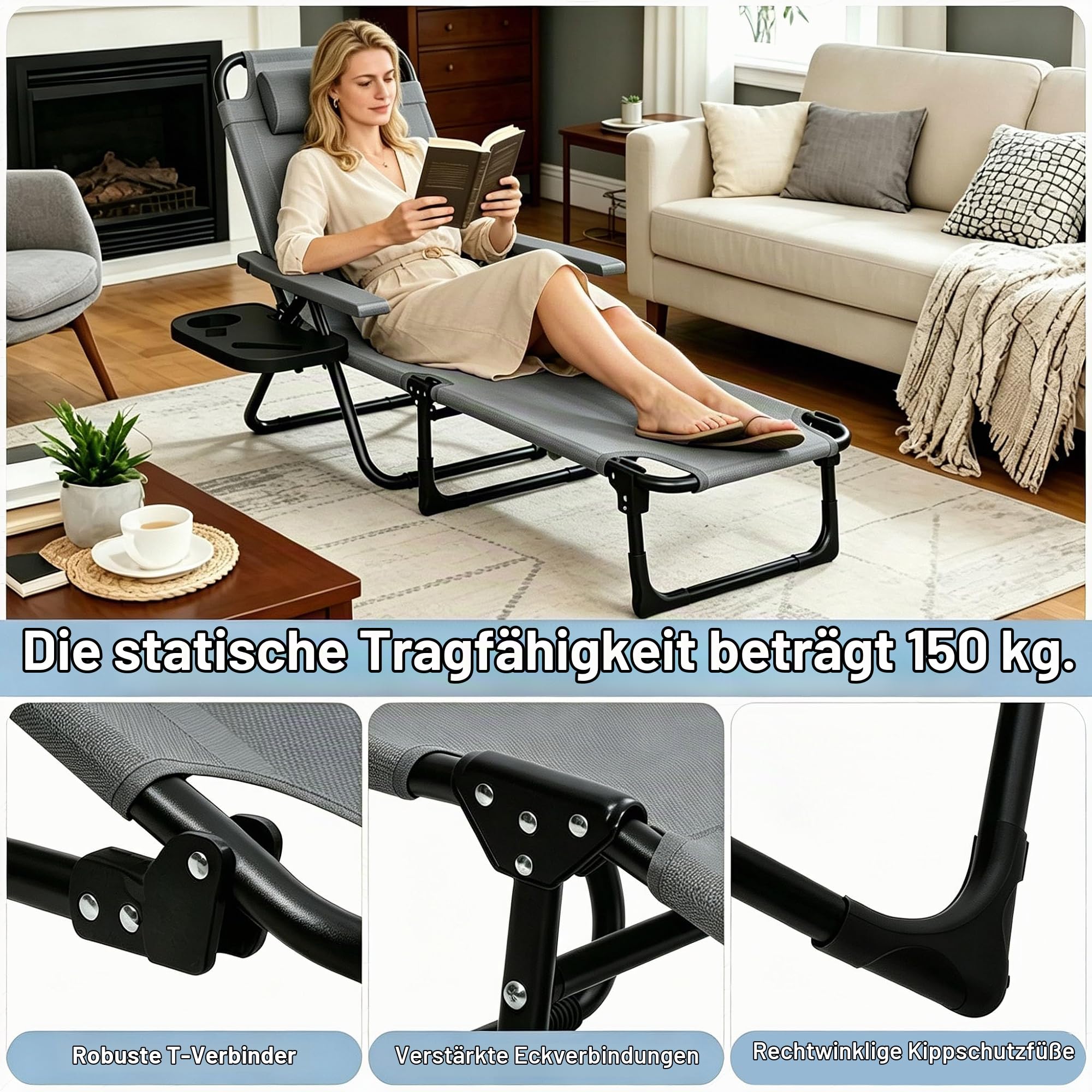 Sonnenliege Klappbar Wetterfest, 4-Fach Verstellbarer, Garten Liege mit Kopfkissen, Getränkehalter und Holzarmlehnen, Strandliege Klappbar Robust, für Garten, Terrasse, Pool (Grau)