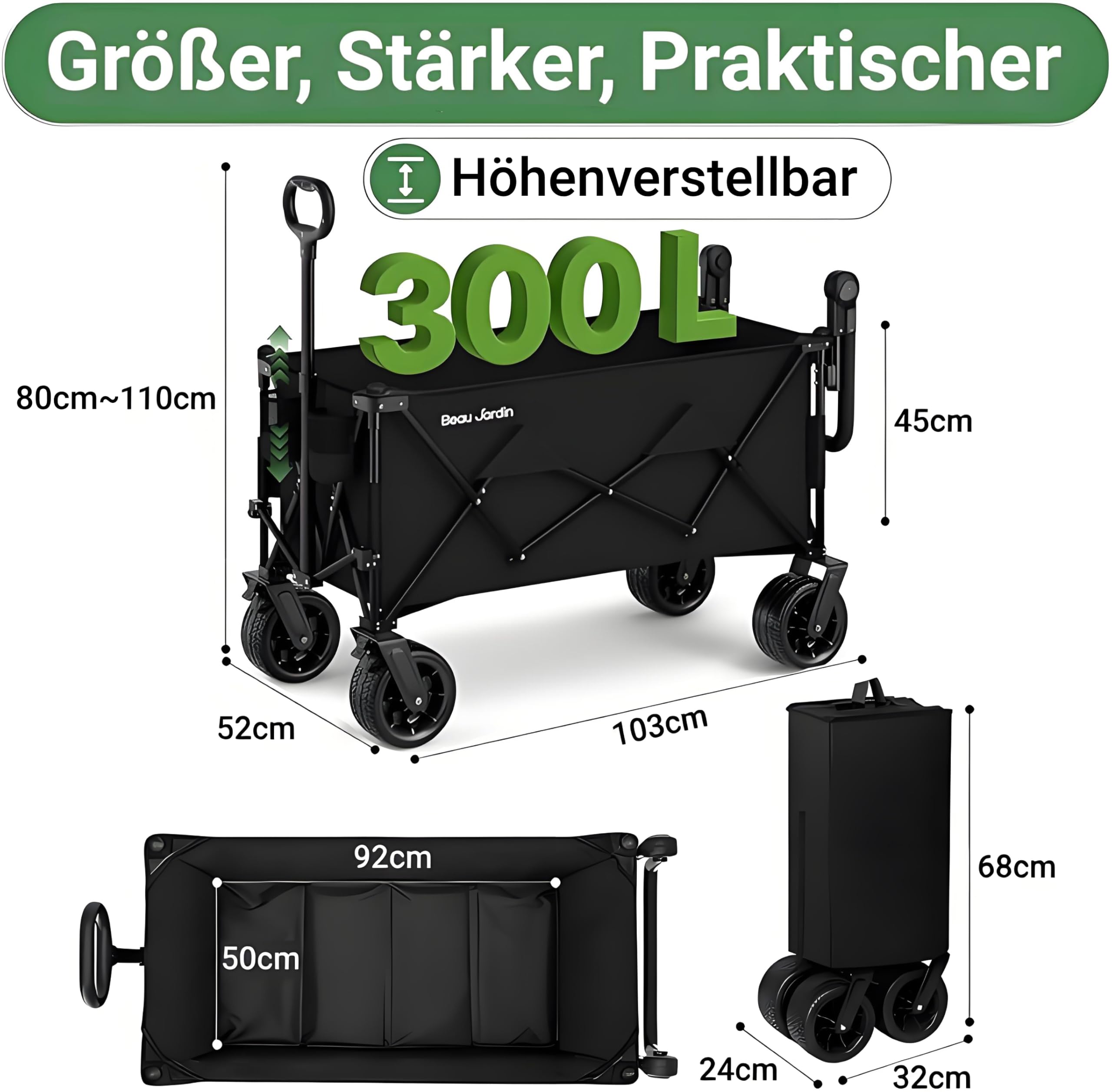 BEAU JARDIN Bollerwagen 200 KG Handwagen mit Einziehbarem Transportkarre Gerätewagen Griff Faltbarer Transporter mit Schwenkbaren Vorderrädern für Strand Garten Einkaufen Schwarz