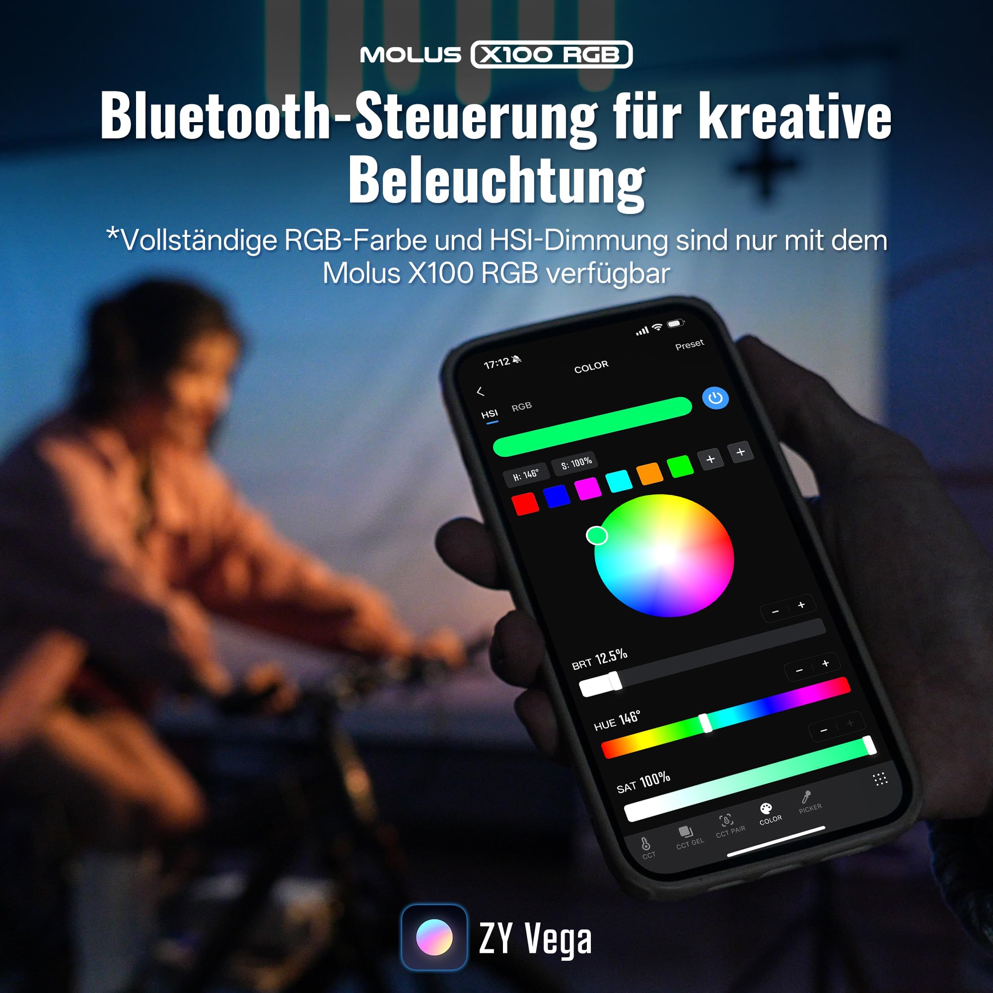 ZHIYUN MOLUS X100 RGB PRO V2 Verbesserte Version RGB Videolicht 100w [Official],RGBWW LED Videoleuchte Studiolicht mit2600mAh Akku,384g/APP Steuerung，2500K~10000K CRI≥95 TLCI≥97